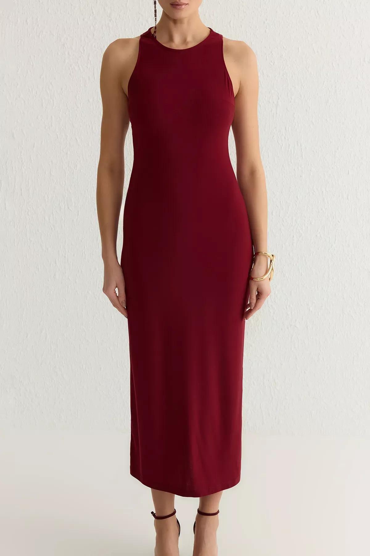 Burgundy Back Accessory Detailed Knitted Dress, , large image number 2