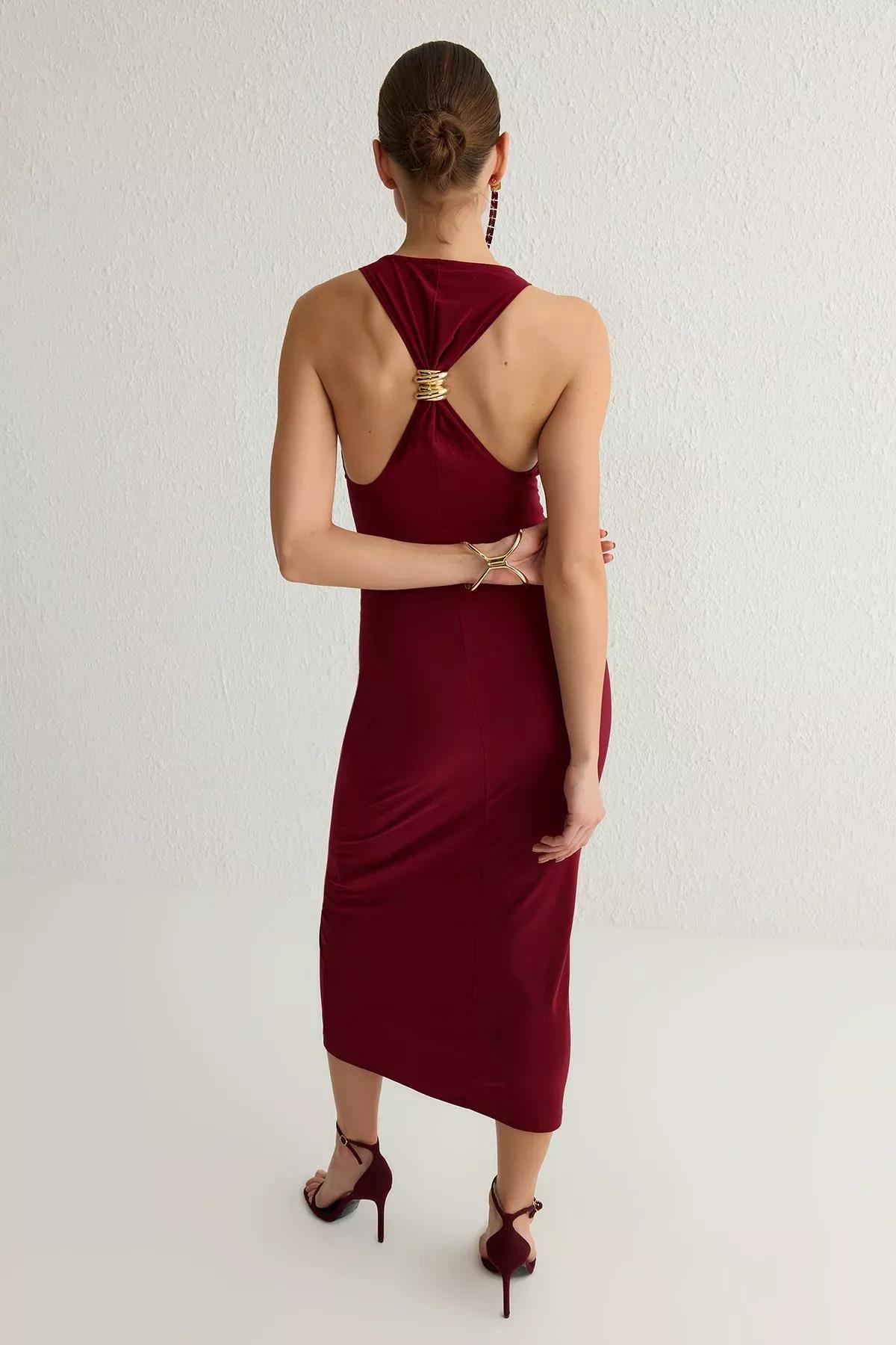 Burgundy Back Accessory Detailed Knitted Dress, , large image number 4