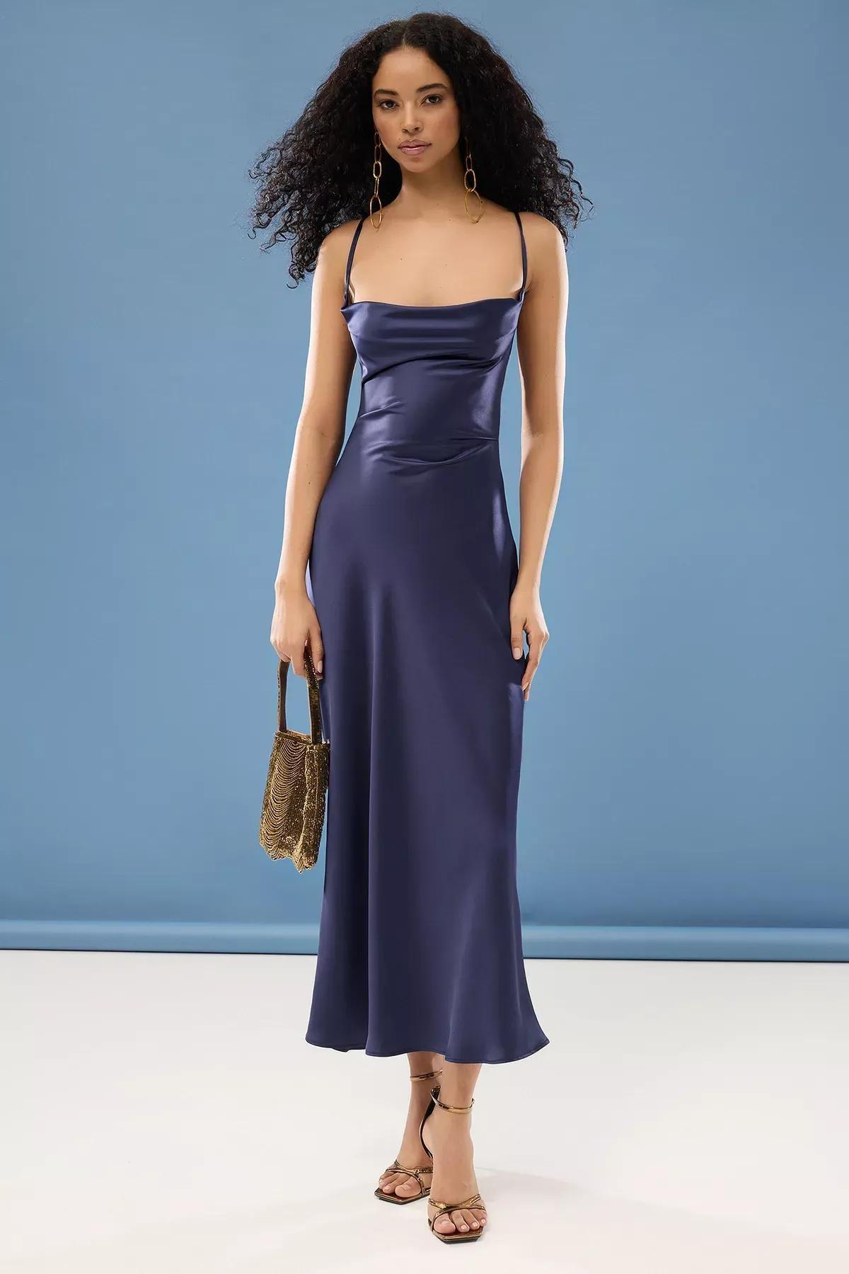 فستان ساتان بفتحة رقبة متدلية، كحلي, Navy blue, large image number 1