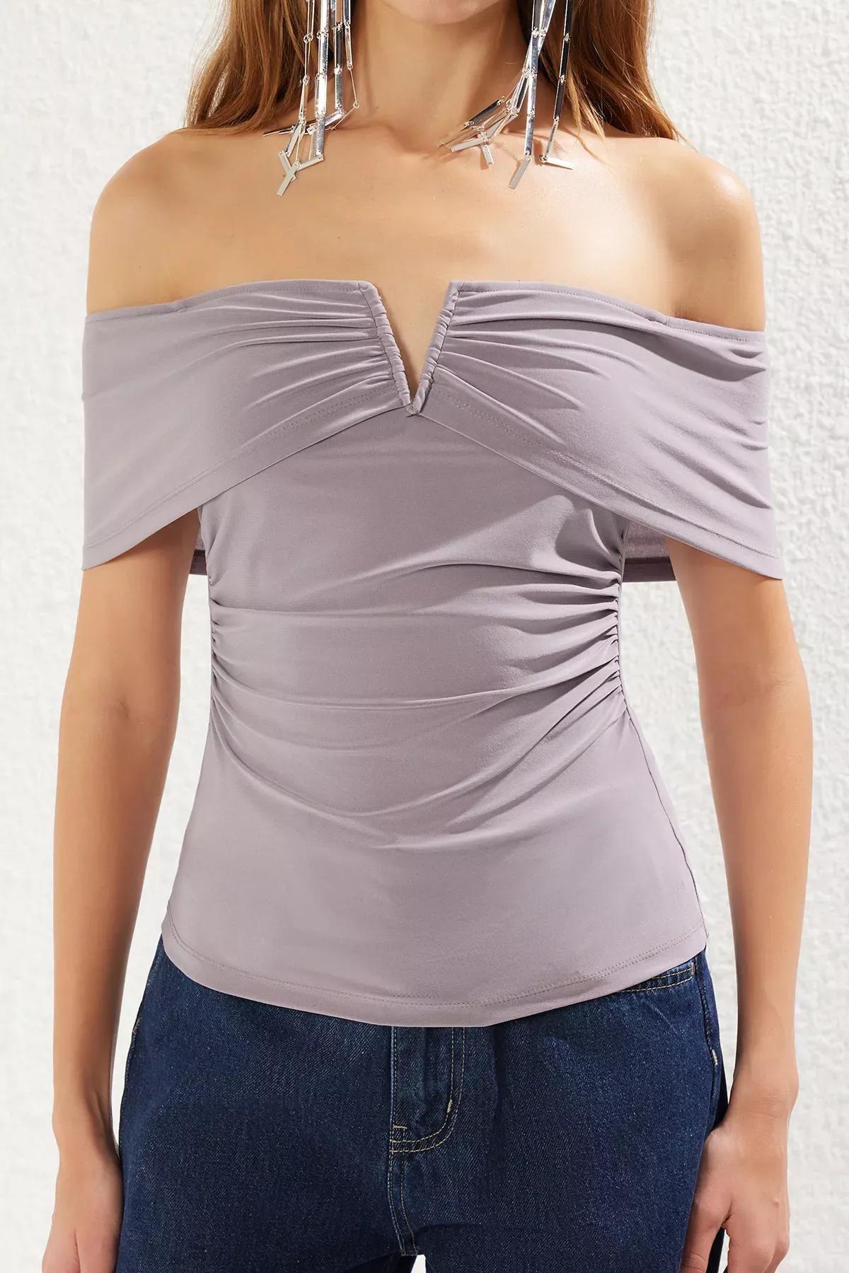 Brown V Neck Carmen Blouse, , large image number 2