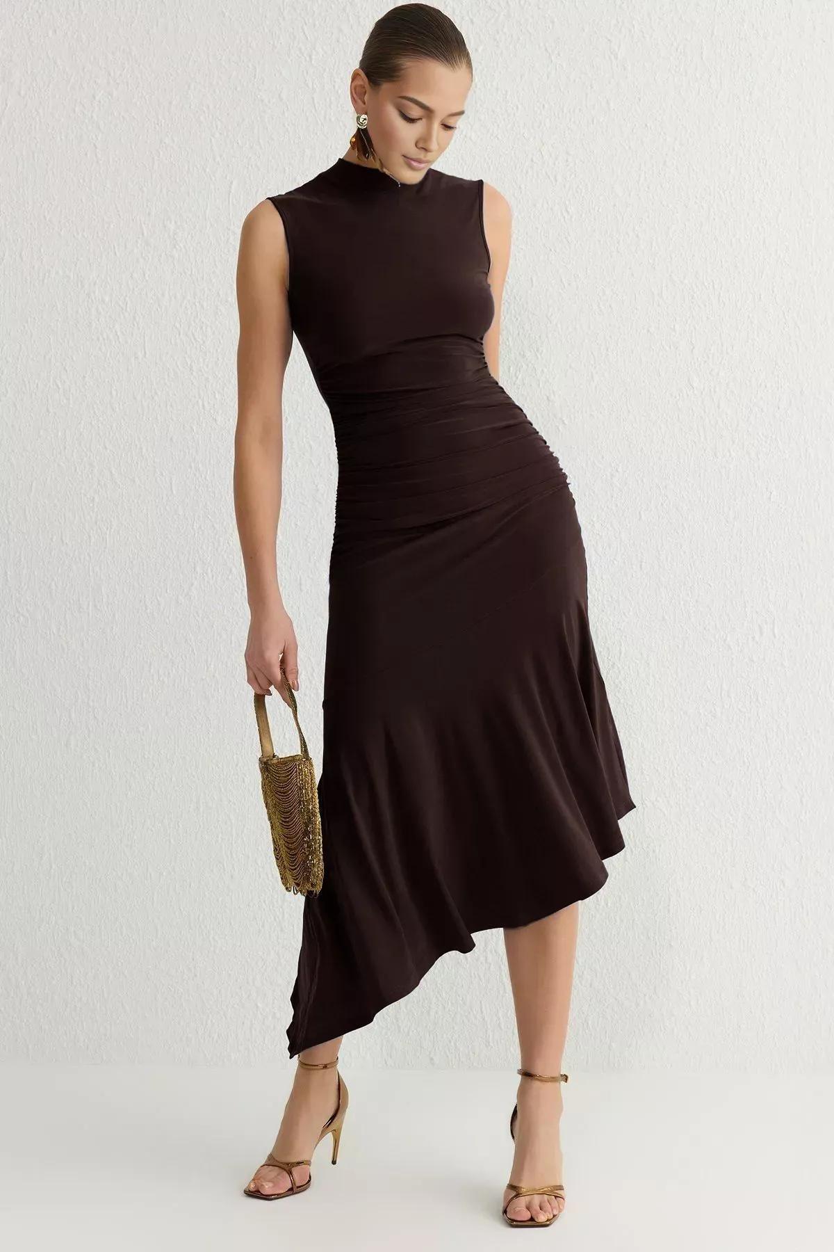 Brown Ruffle Detailed Knit Dress, Brown, medium
