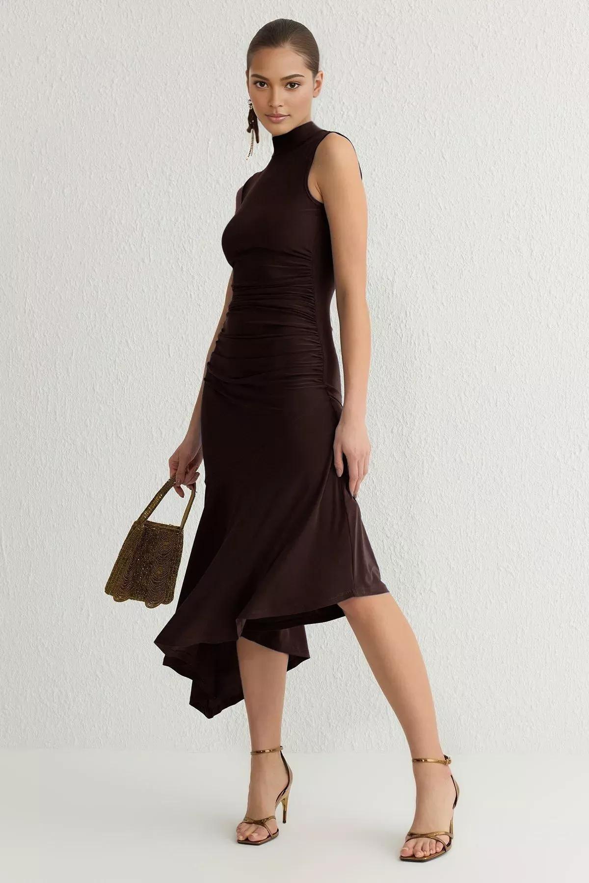 Brown Ruffle Detailed Knit Dress, Brown, large image number 1