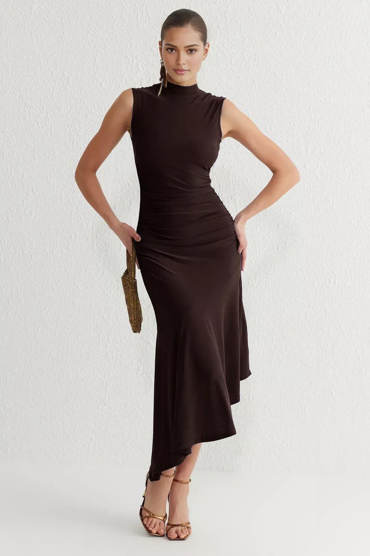 Brown Ruffle Detailed Knit Dress, Brown, large image number 2