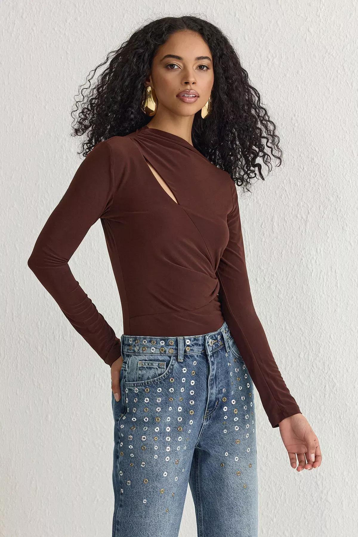 Brown Cut Out Gathered Knit Top, Brown, large image number 0