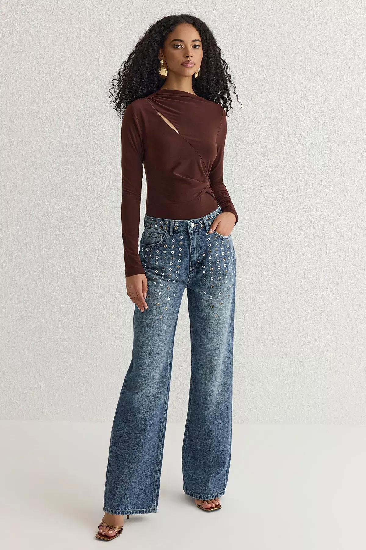 Brown Cut Out Gathered Knit Top, Brown, large image number 1
