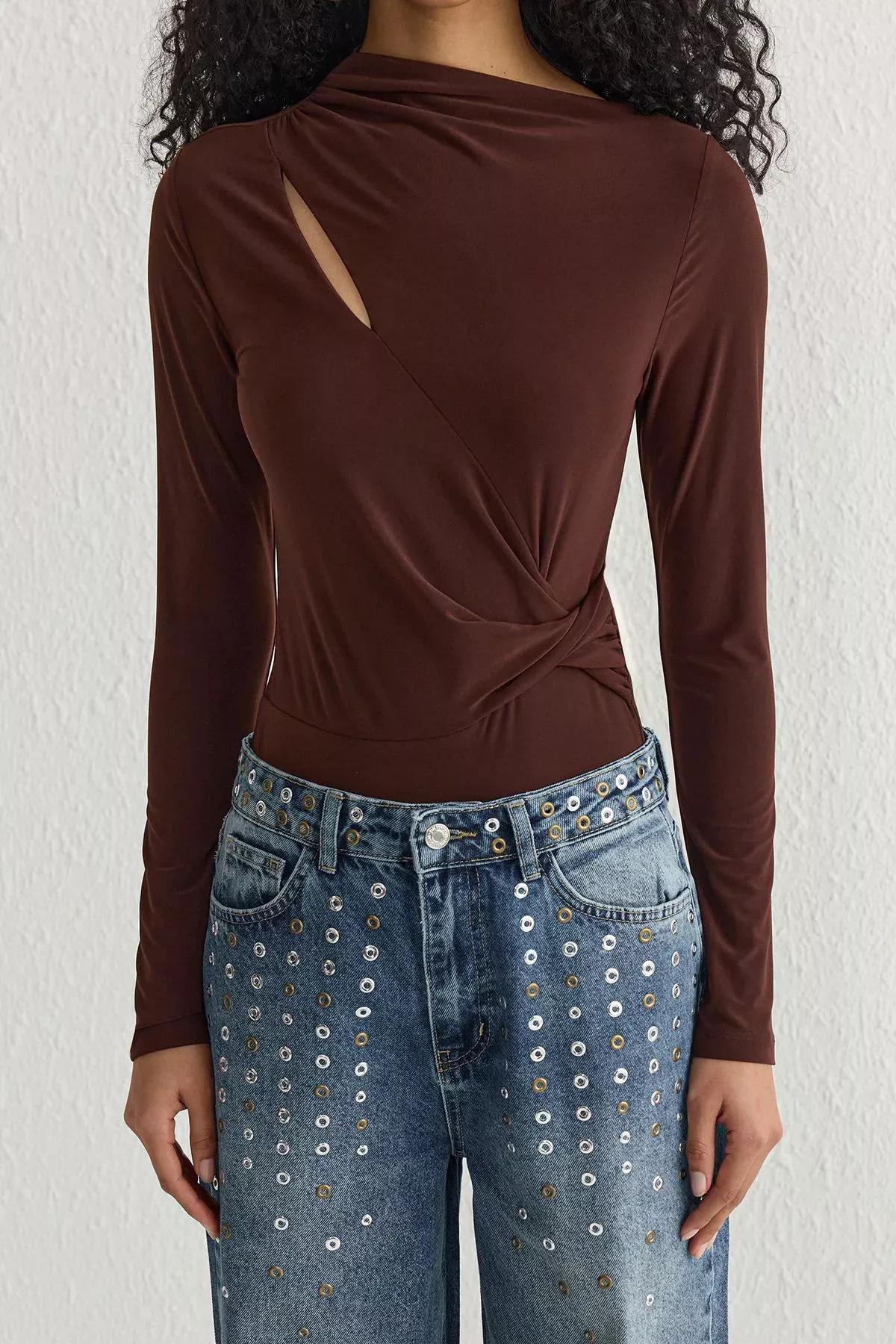 Brown Cut Out Gathered Knit Top, Brown, large image number 2