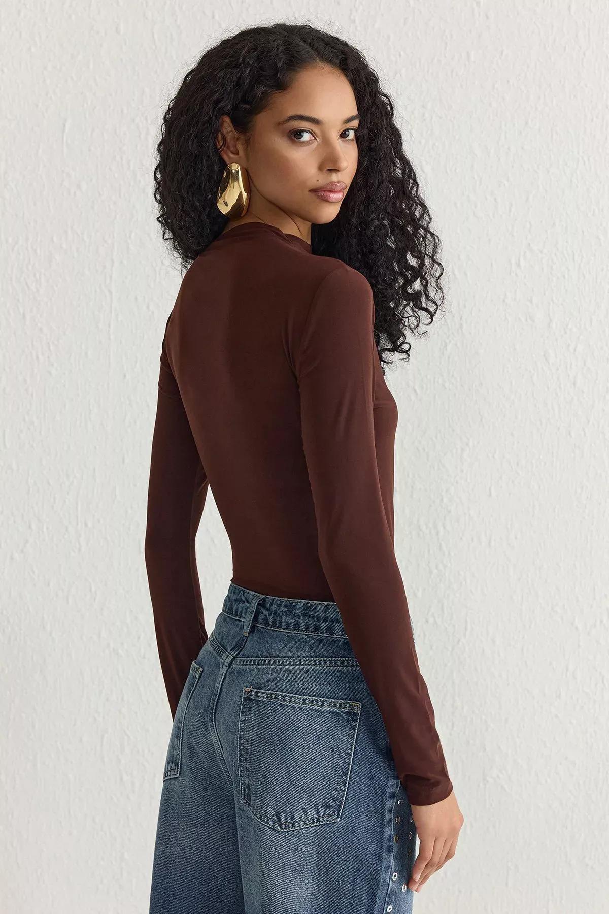 Brown Cut Out Gathered Knit Top, Brown, large image number 4