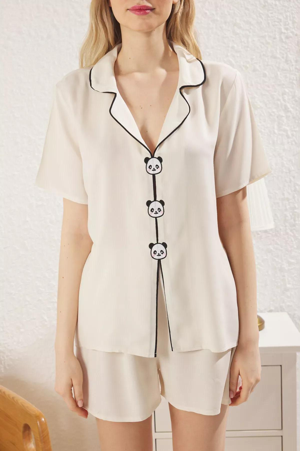 Beige Panda Piping Detail Pajama Set with Shorts, set of 2, , large image number 2