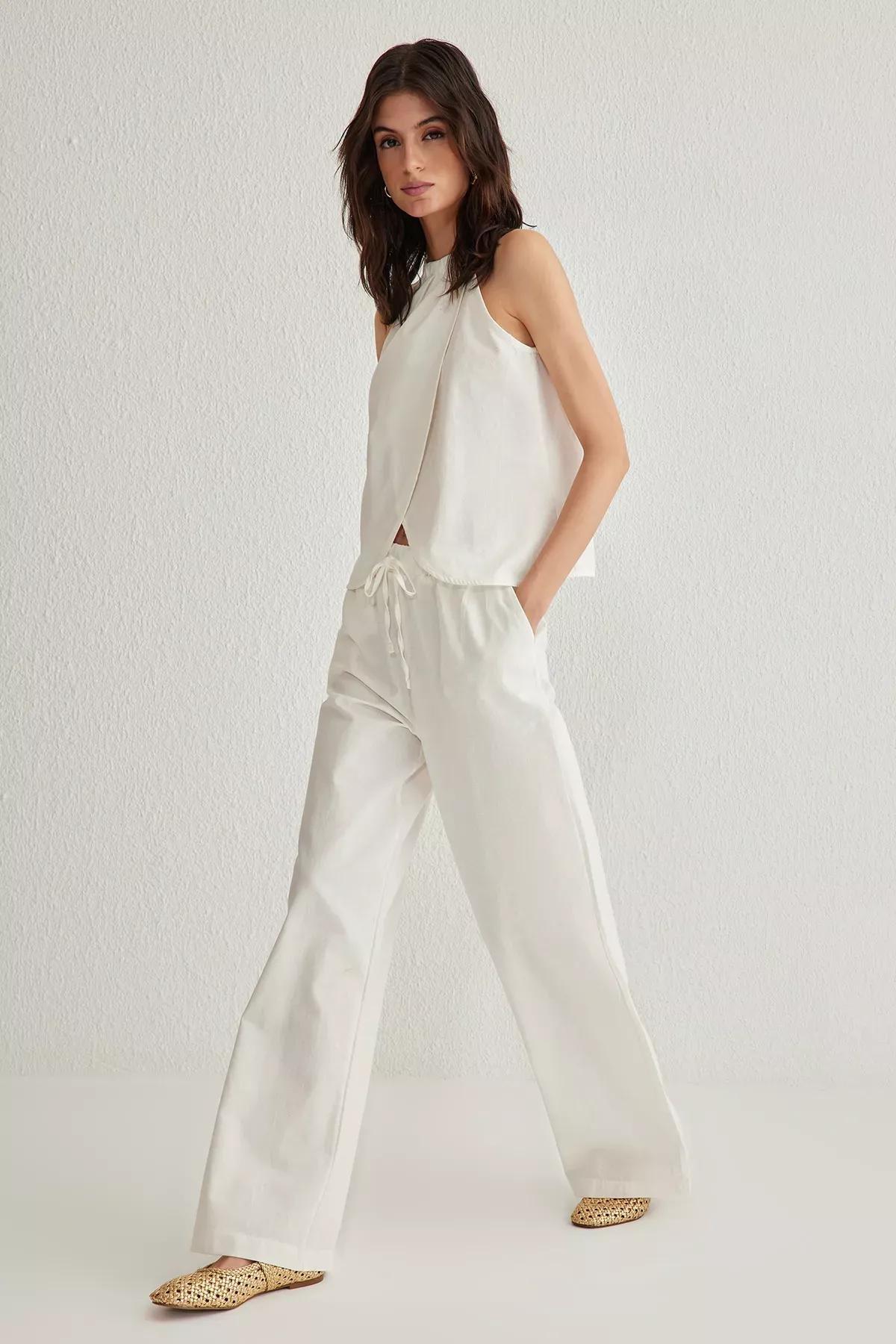Beige Neck Tie Woven Co-Ord Set, , large image number 1