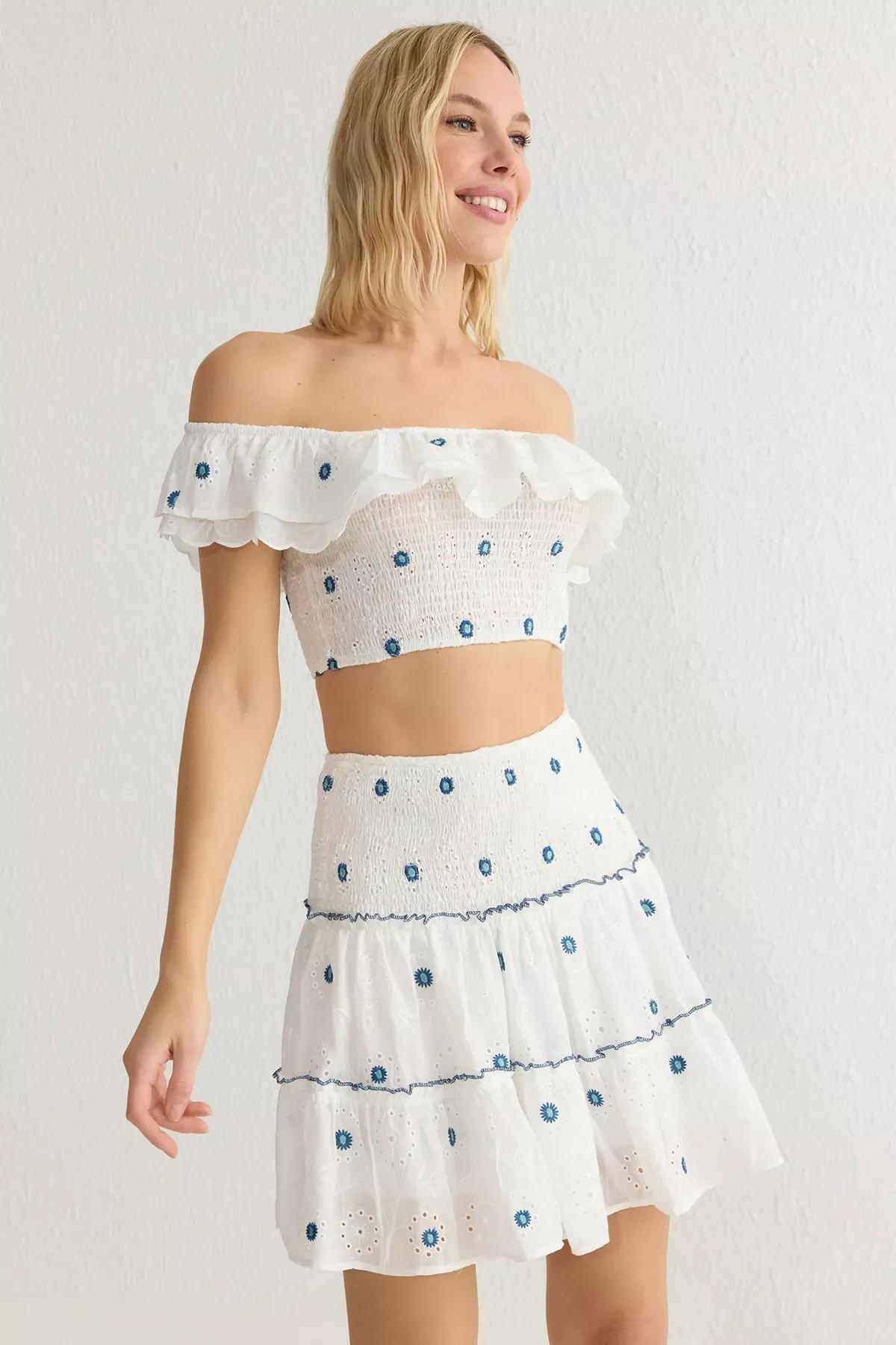 White Brode Pleated Mini Skirt, White, large image number 2