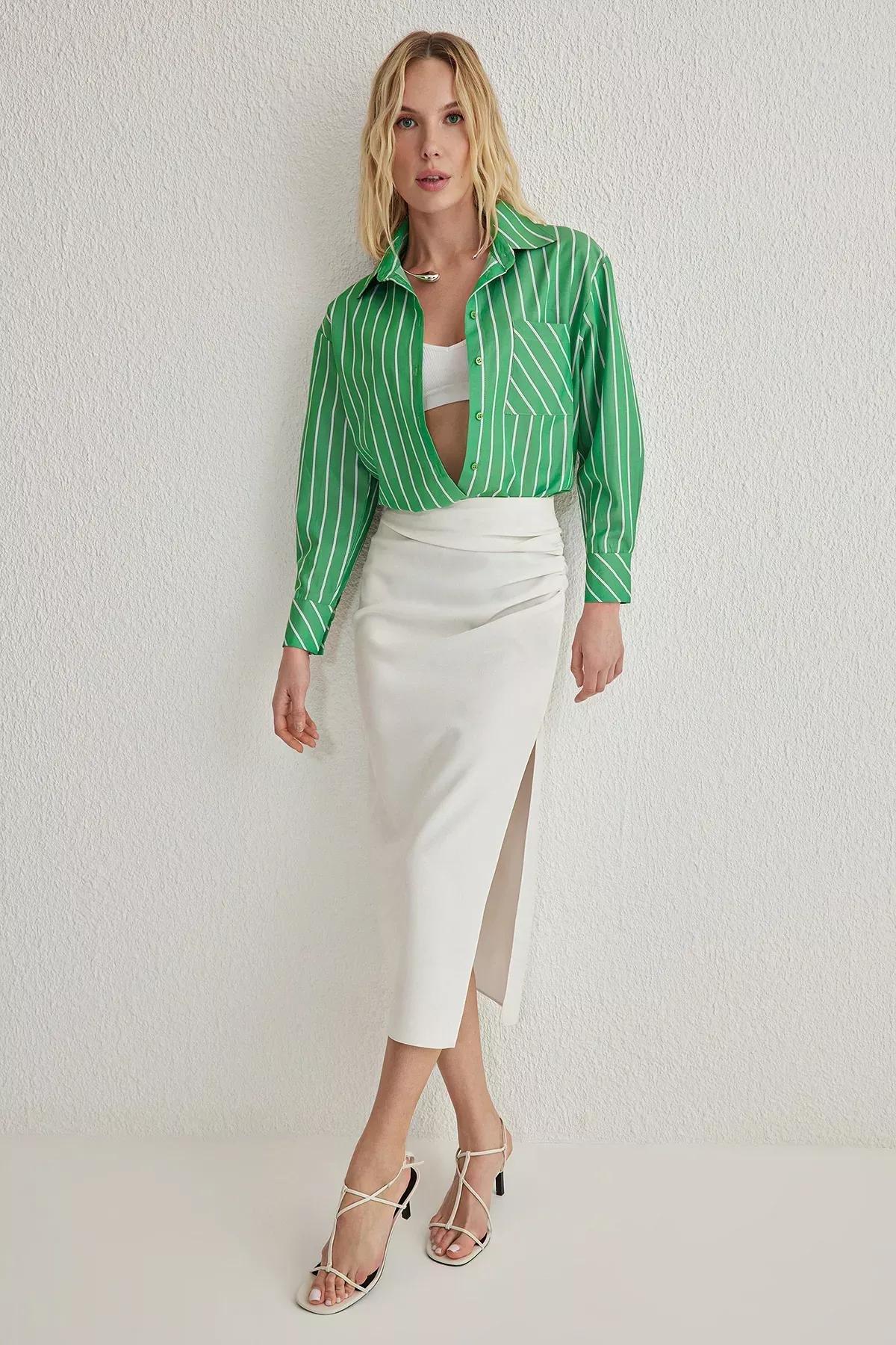 Green Striped Oversize Woven Shirt, Green, large image number 0