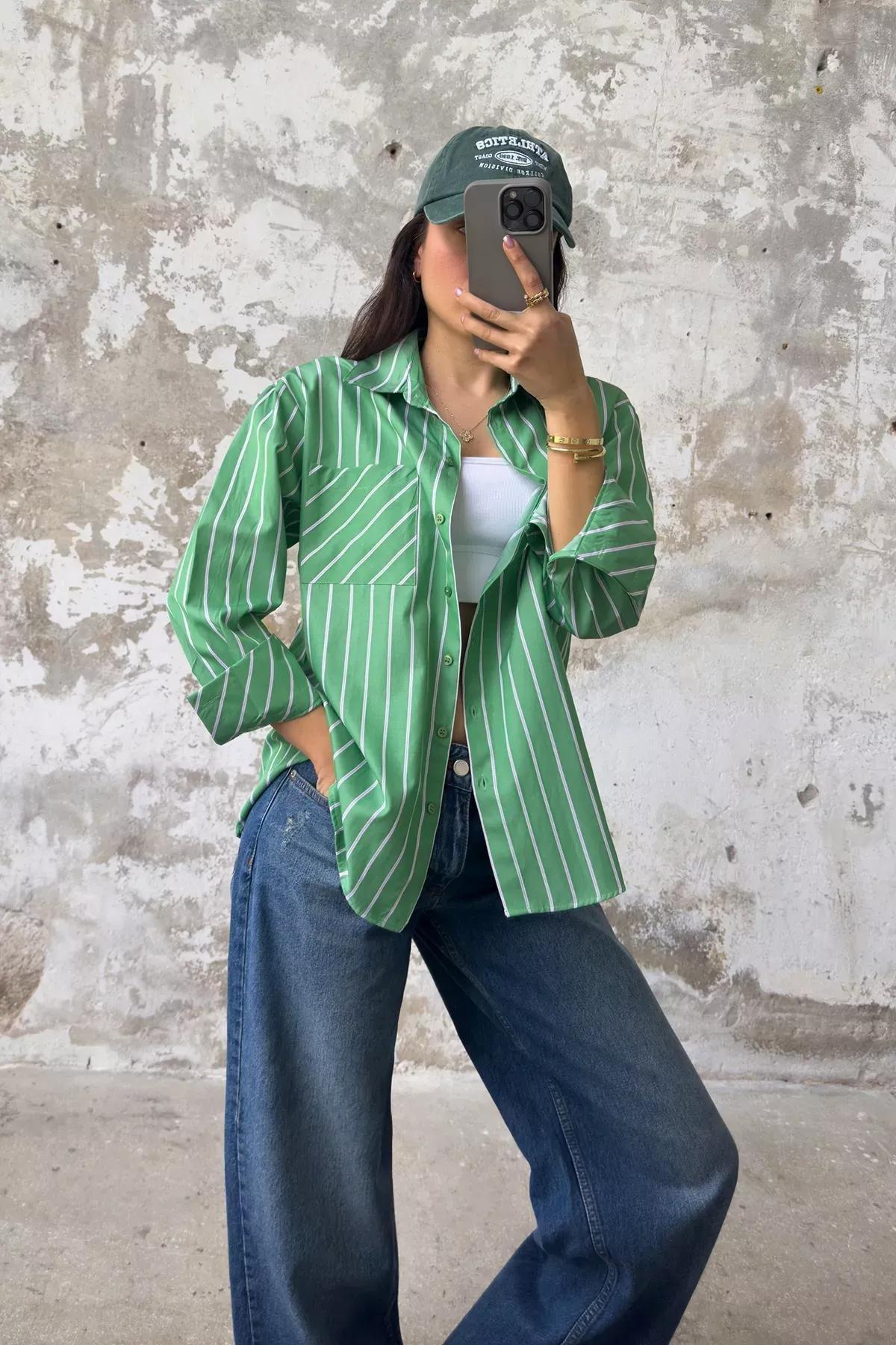 Green Striped Oversize Woven Shirt, Green, large image number 1