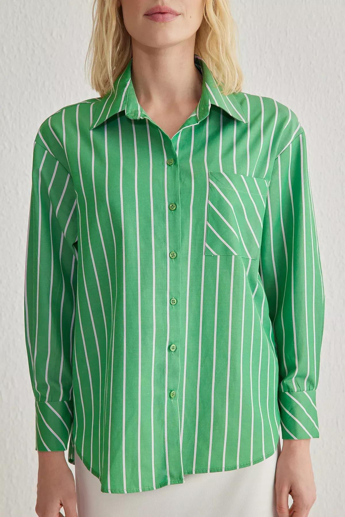 Green Striped Oversize Woven Shirt, Green, large image number 5