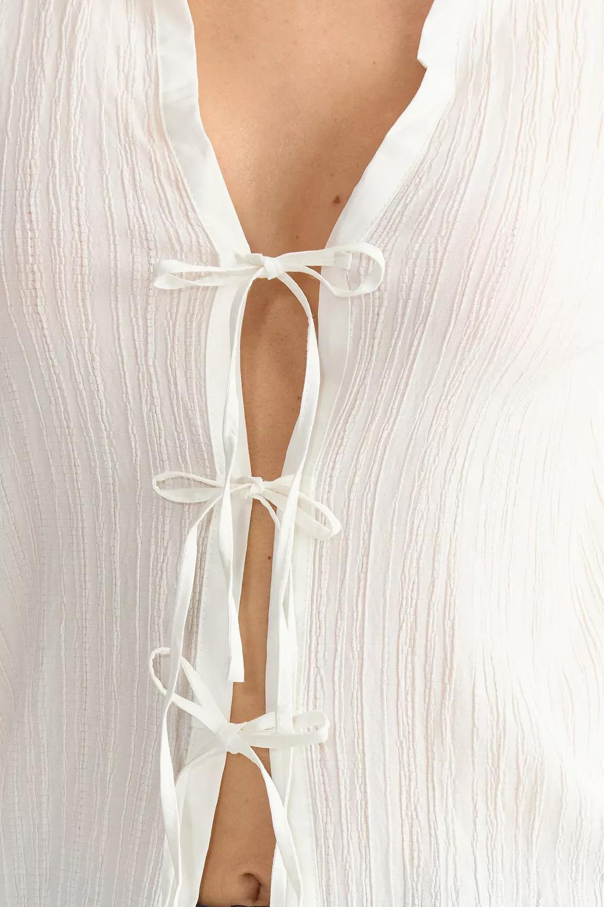 White Tie Front Woven Shirt, White, large image number 2