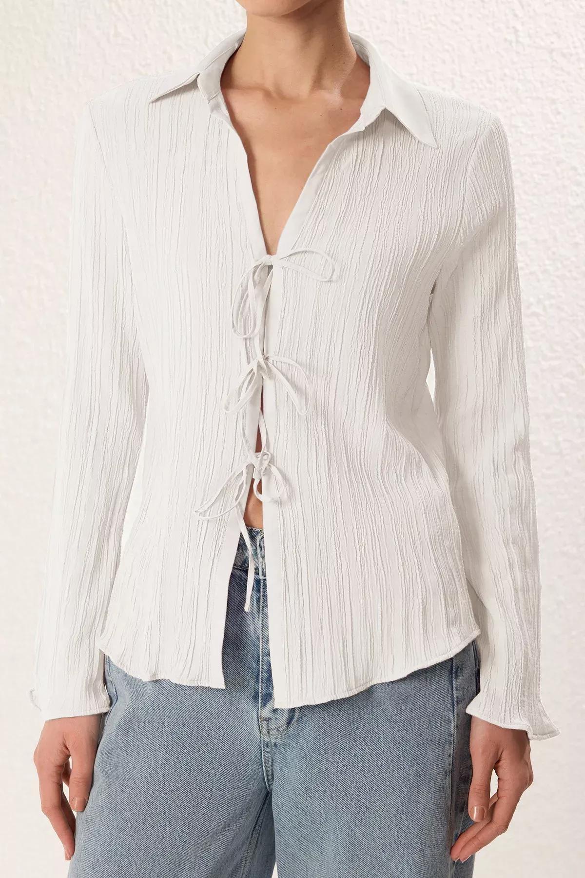 White Tie Front Woven Shirt, White, large image number 3
