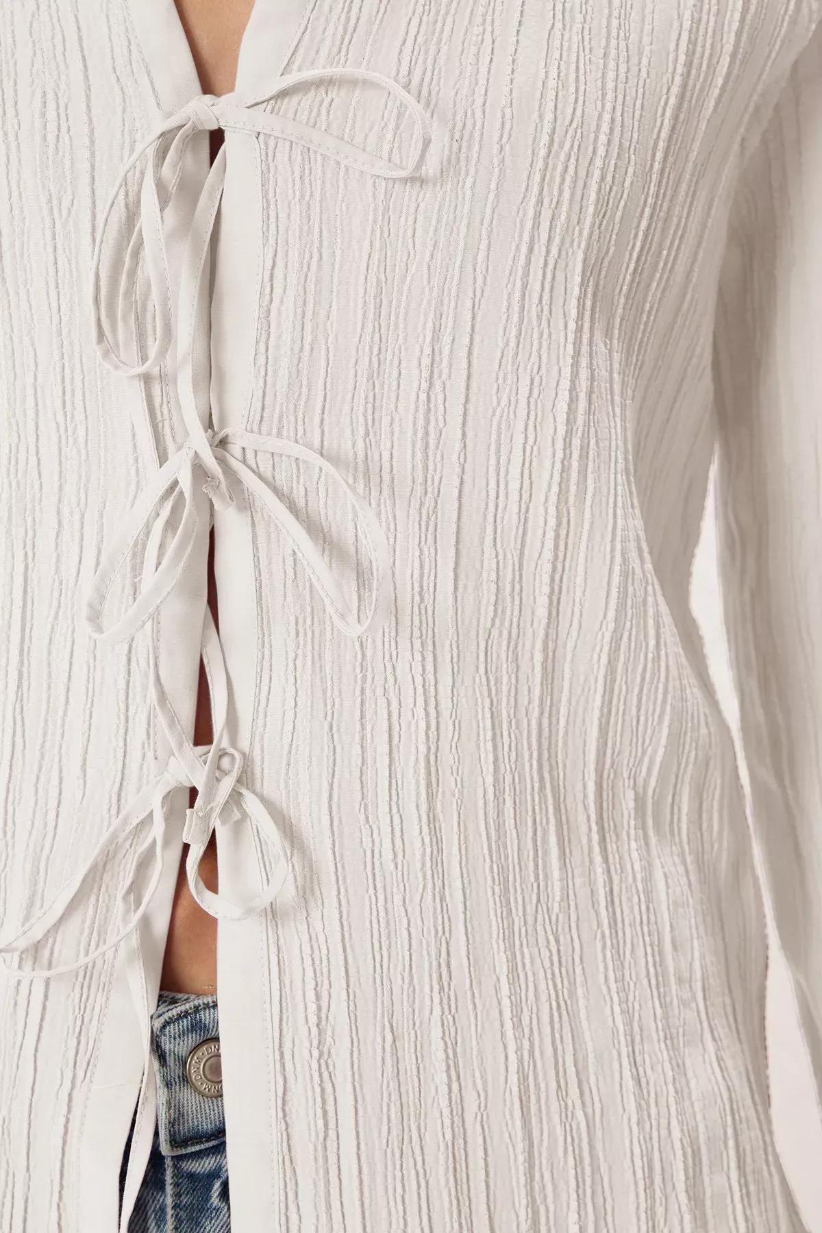 White Tie Front Woven Shirt, White, large image number 4