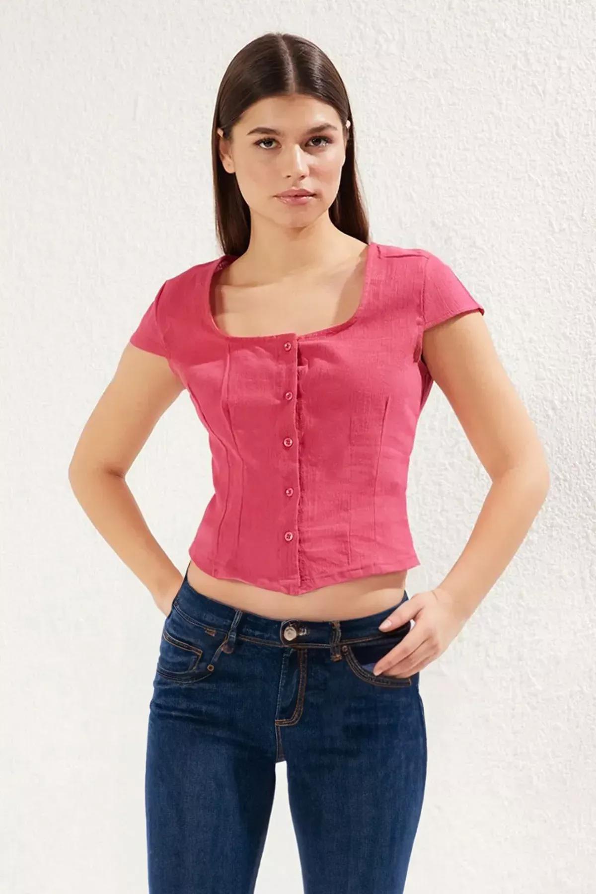 Pink Button Detail Square Neck Shirt, Fuchsia, large image number 1