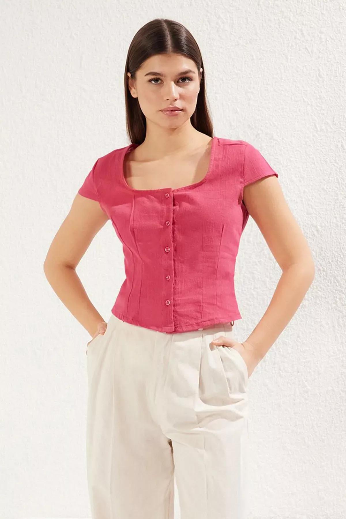 Pink Button Detail Square Neck Shirt, Fuchsia, large image number 2