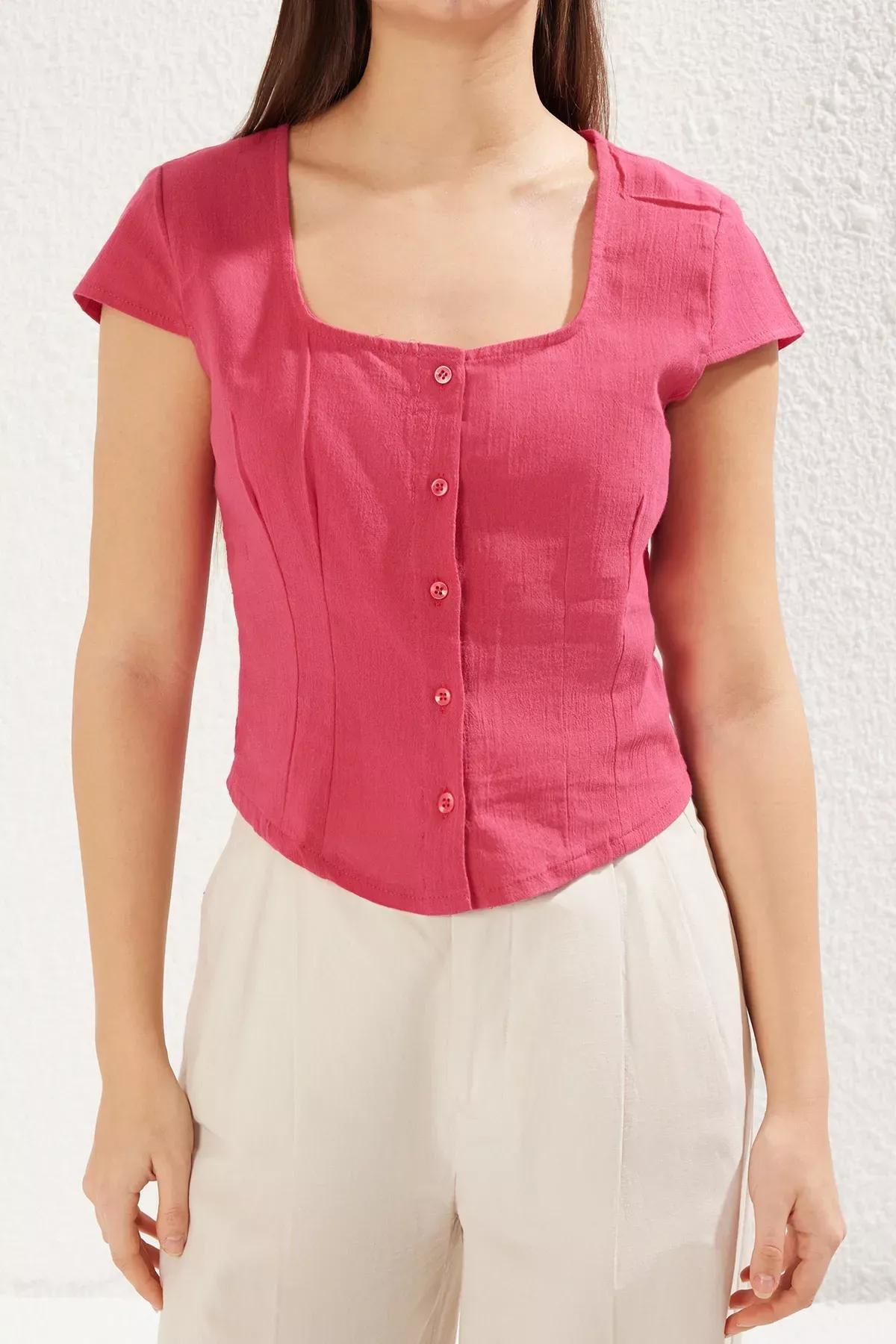 Pink Button Detail Square Neck Shirt, Fuchsia, large image number 4