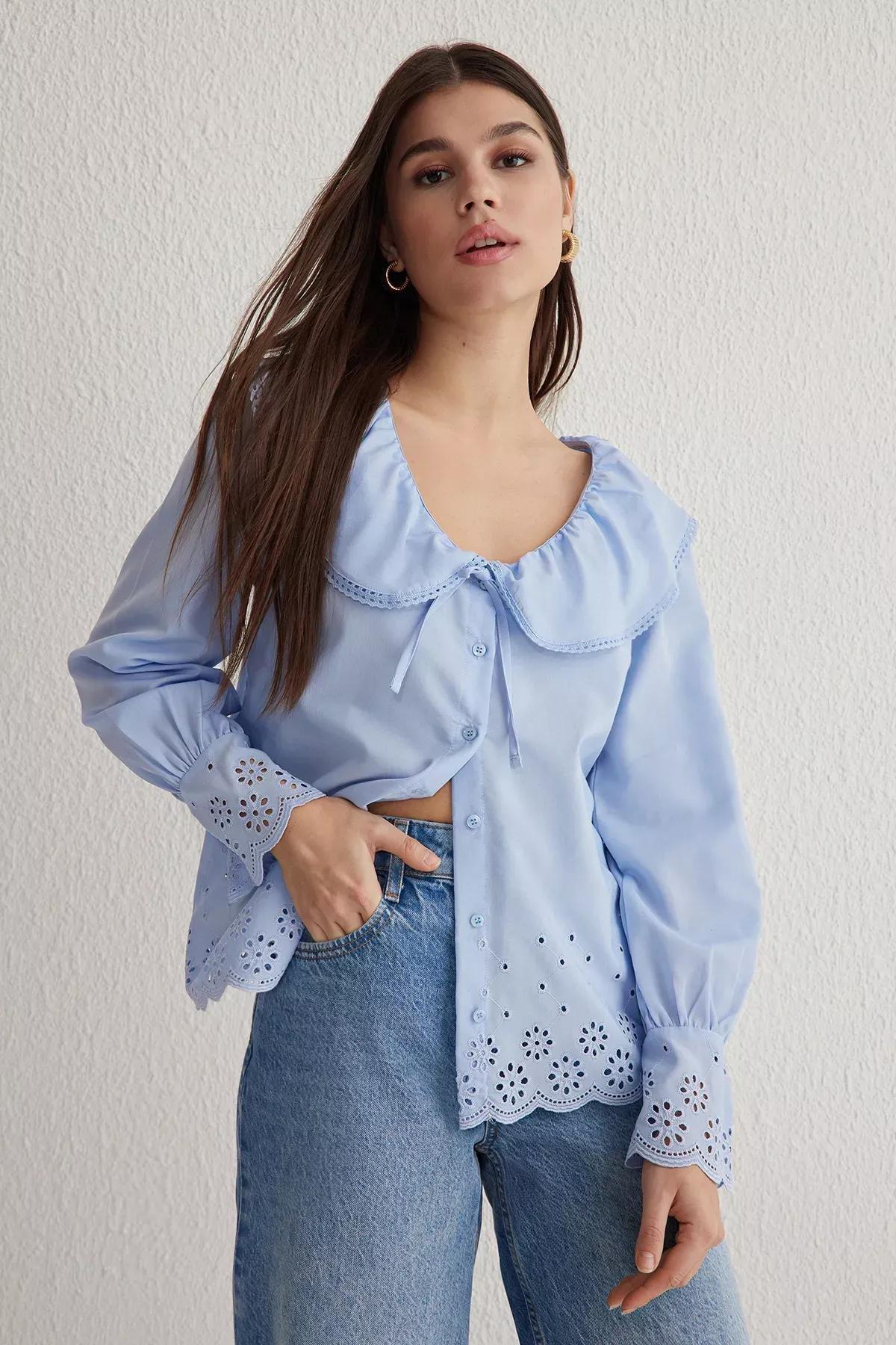 Blue Embroidered Hem Shirt, , large image number 0