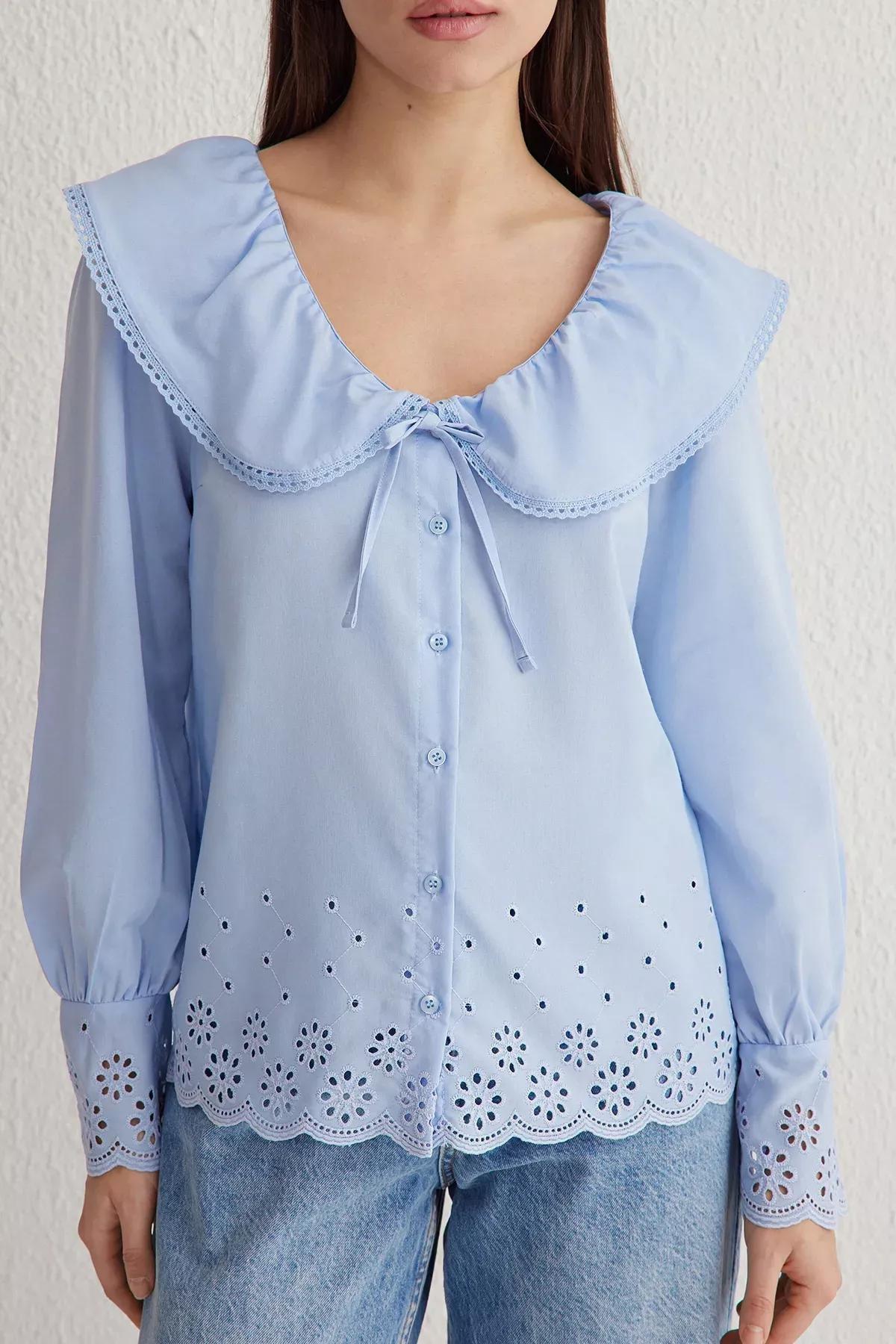 Blue Embroidered Hem Shirt, , large image number 2