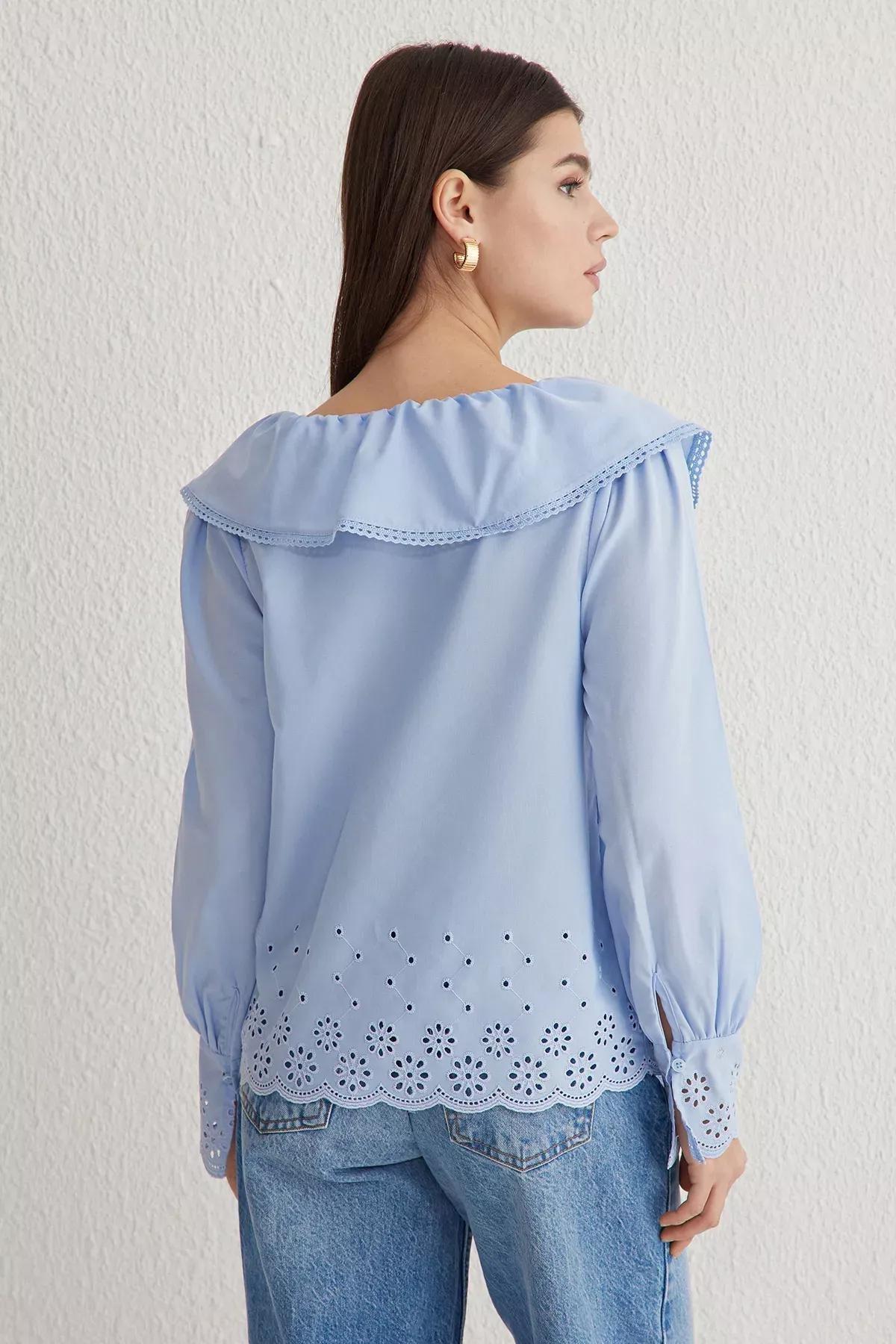 Blue Embroidered Hem Shirt, , large image number 4