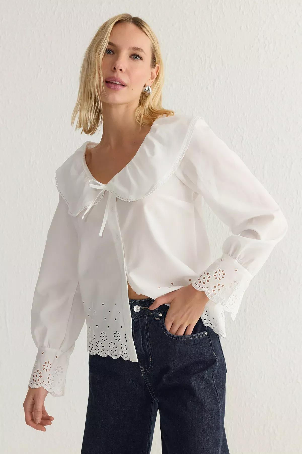 White Embroidered Hem Woven Shirt, , large image number 0