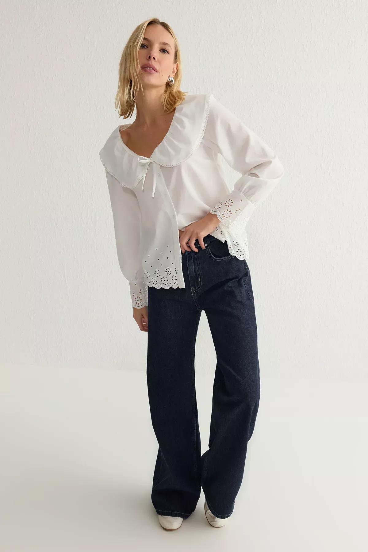 White Embroidered Hem Woven Shirt, , large image number 1