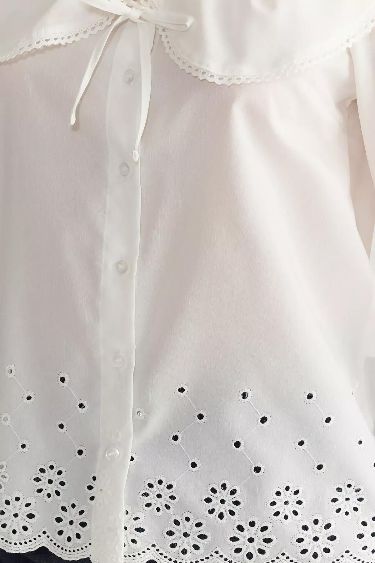 White Embroidered Hem Woven Shirt, , large image number 2