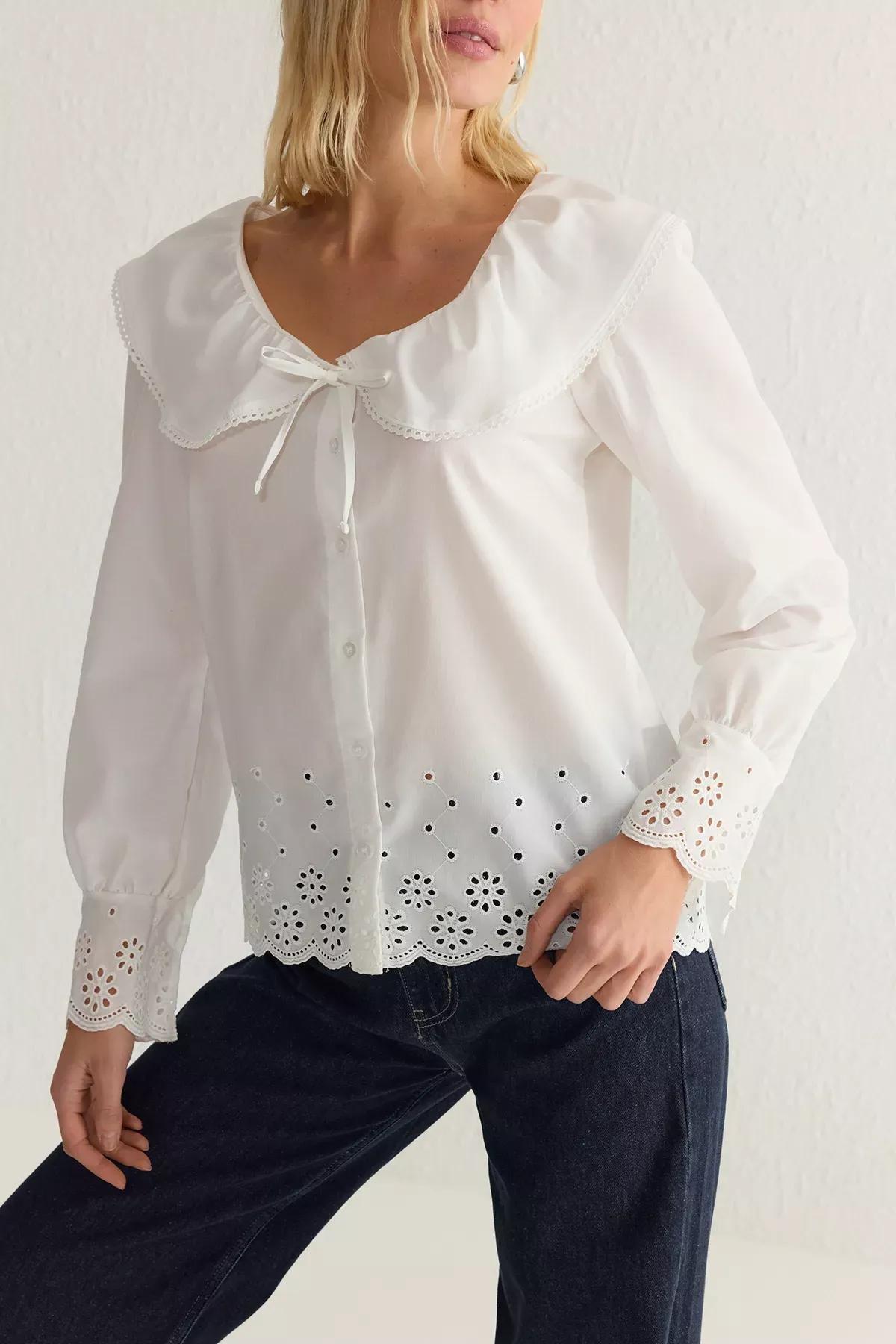 White Embroidered Hem Woven Shirt, , large image number 3