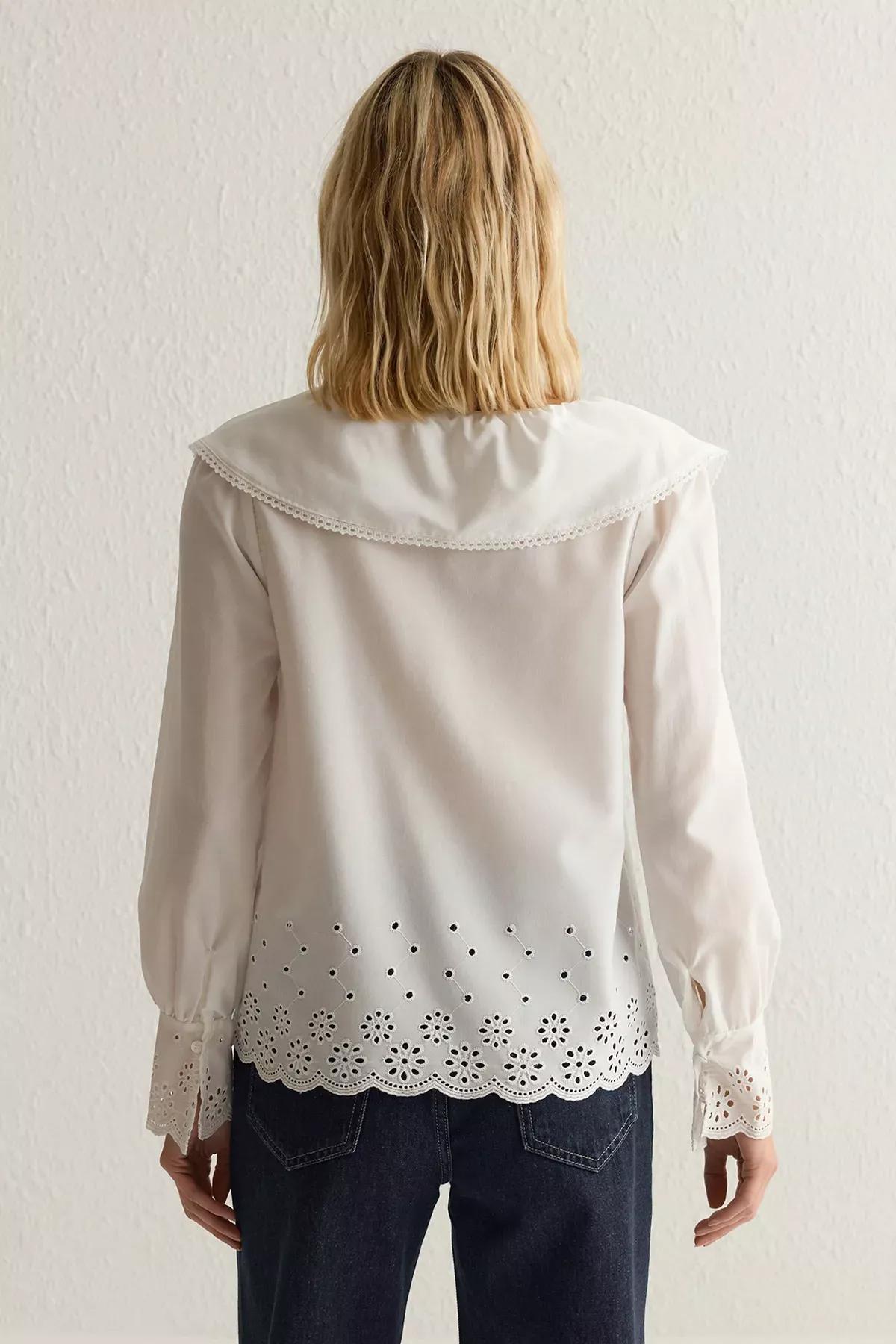 White Embroidered Hem Woven Shirt, , large image number 4