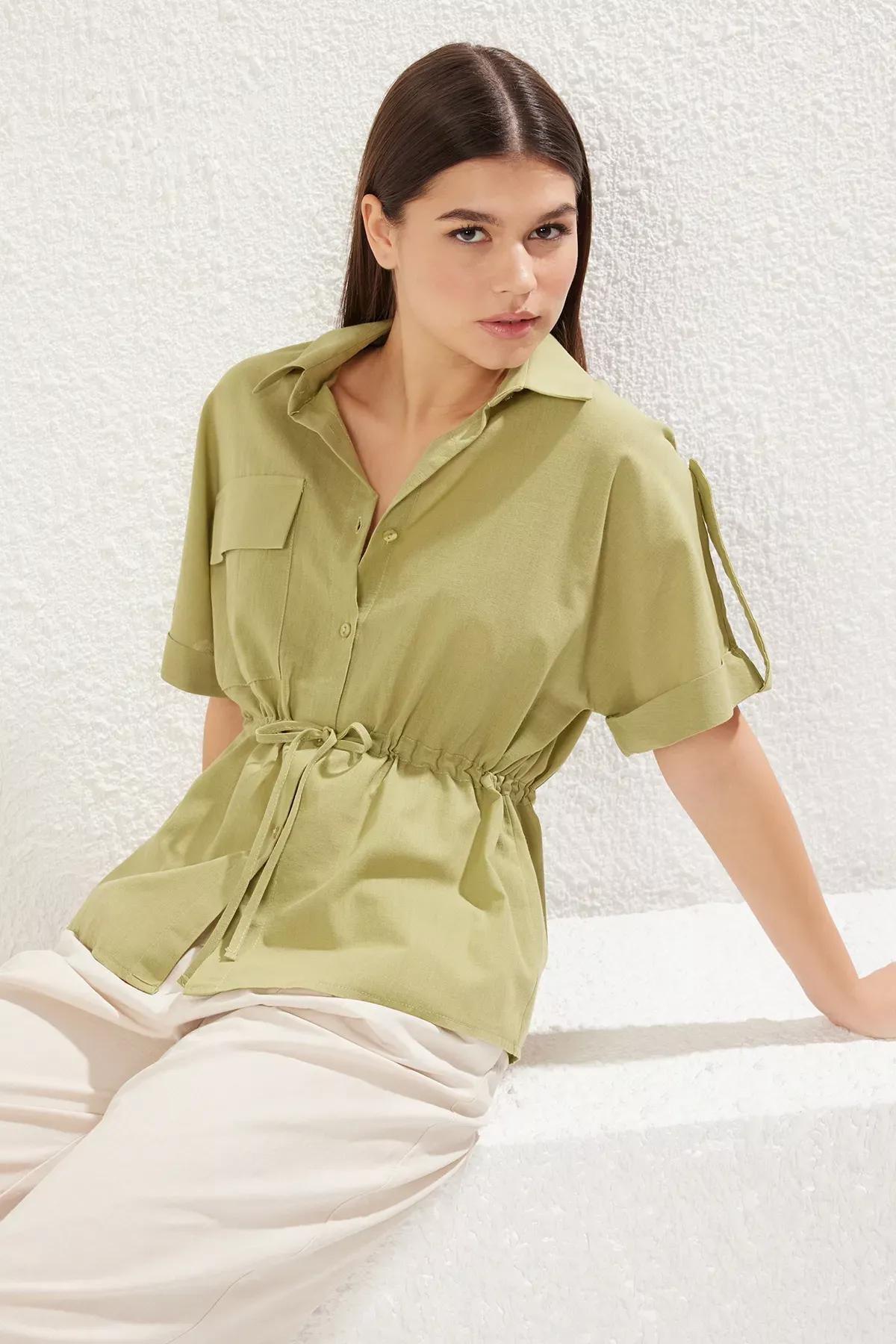 Green Front Tie Detail Woven Shirt, , large image number 0