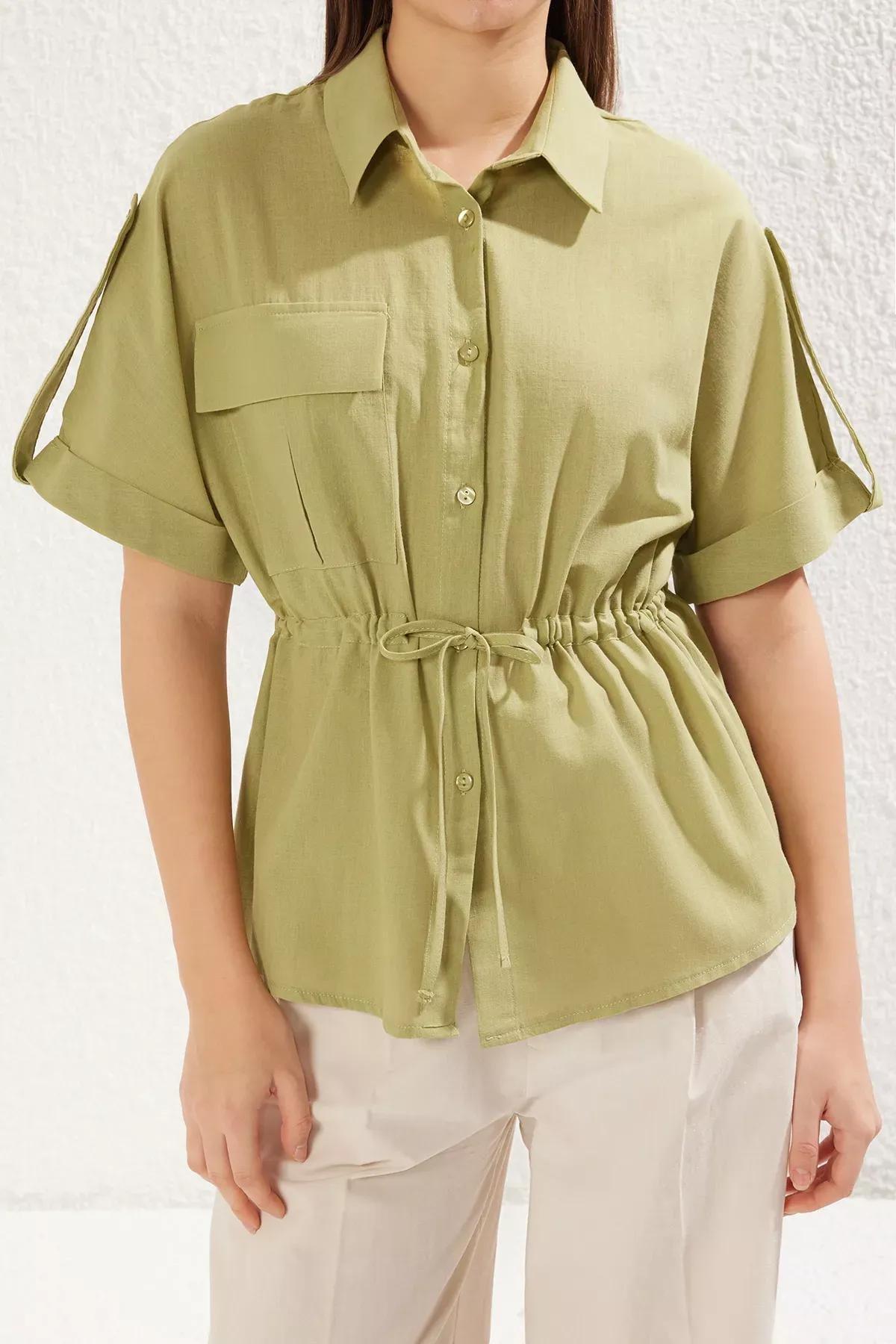 Green Front Tie Detail Woven Shirt, , large image number 2