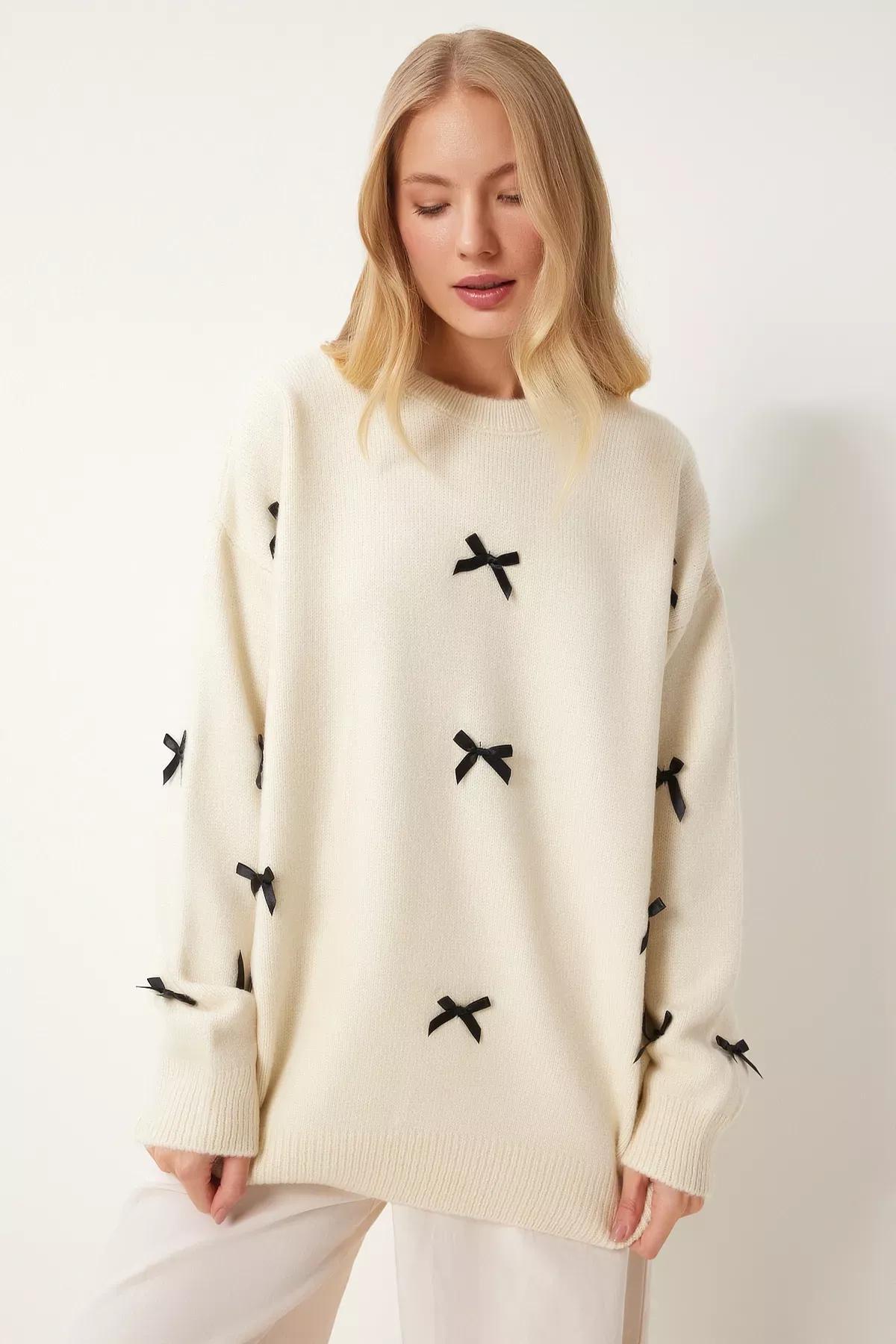 Beige Bow Knit Sweater, Ecru, large image number 0