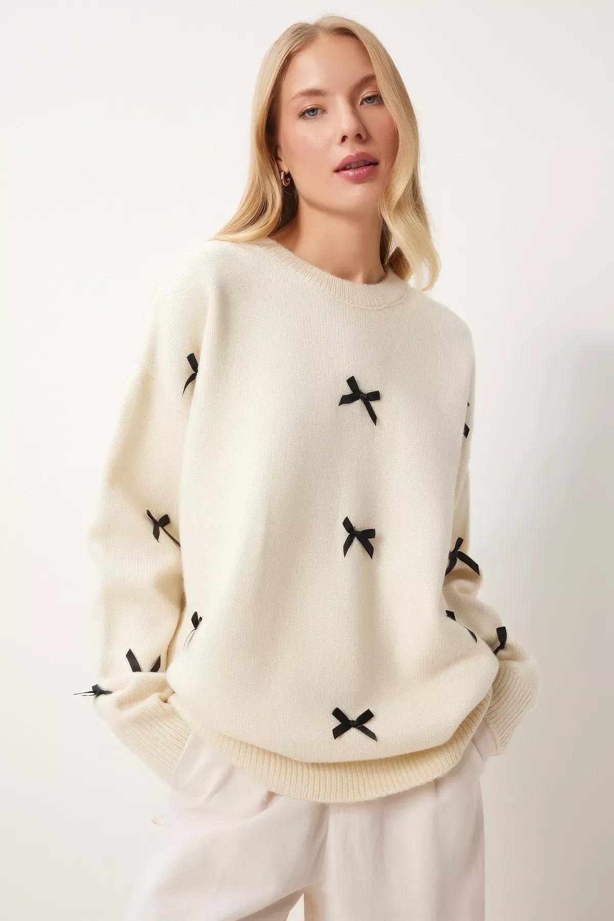 Beige Bow Knit Sweater, Ecru, large image number 1