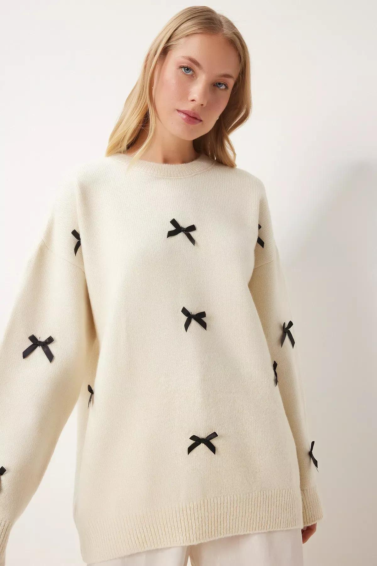 Beige Bow Knit Sweater, Ecru, large image number 3