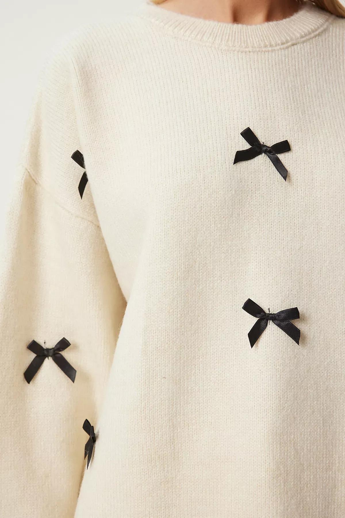 Beige Bow Knit Sweater, Ecru, large image number 4