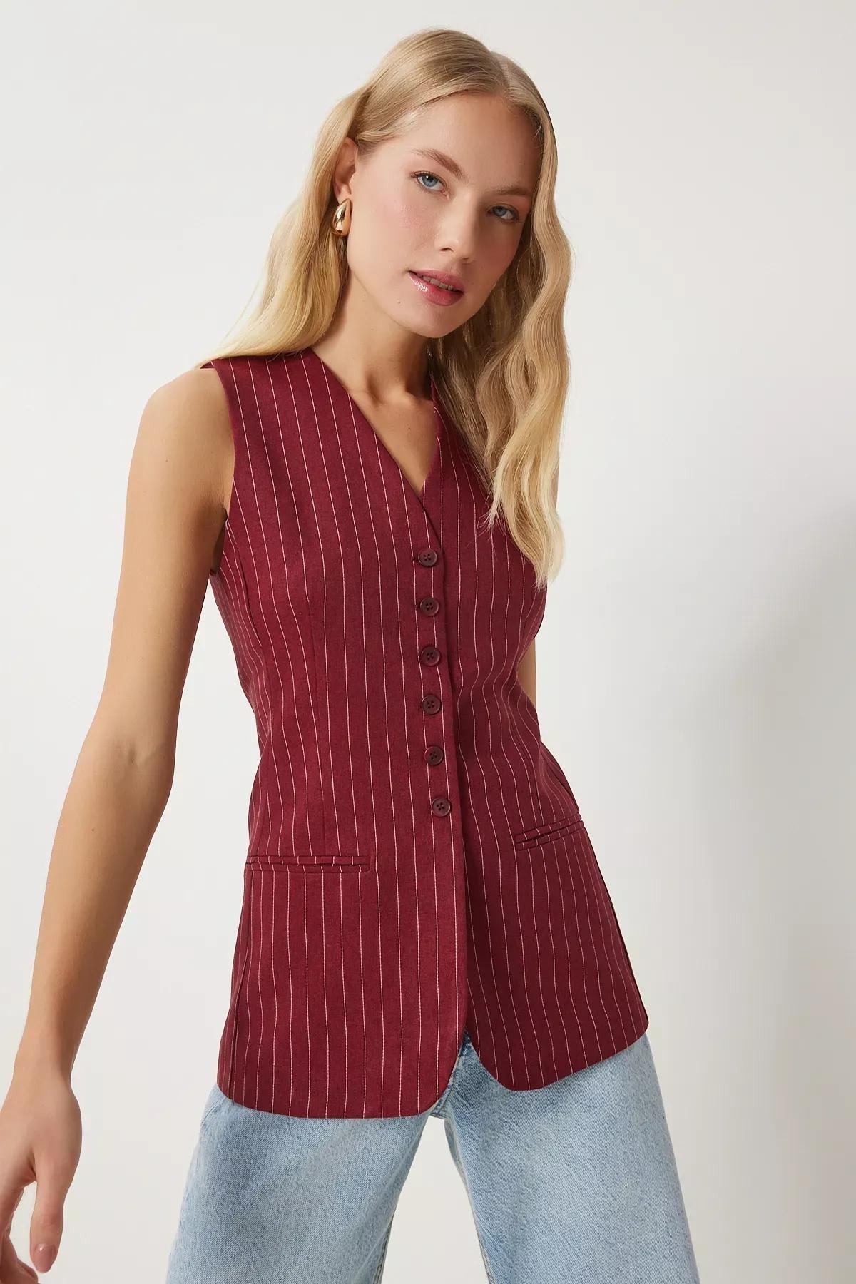 Red Fleto Pocket Striped Vest, Burgundy, large image number 2