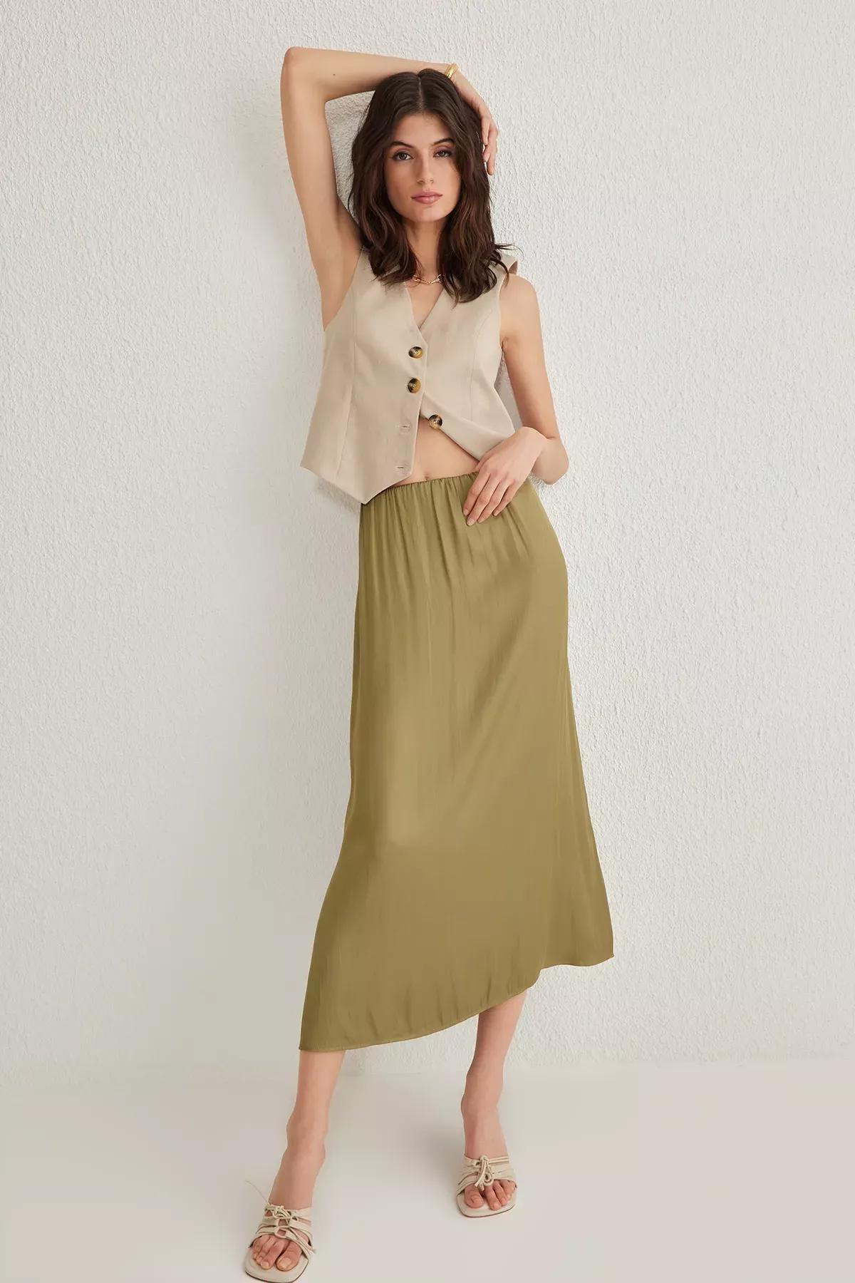 Green Satin A-line Midi Skirt, , large image number 0