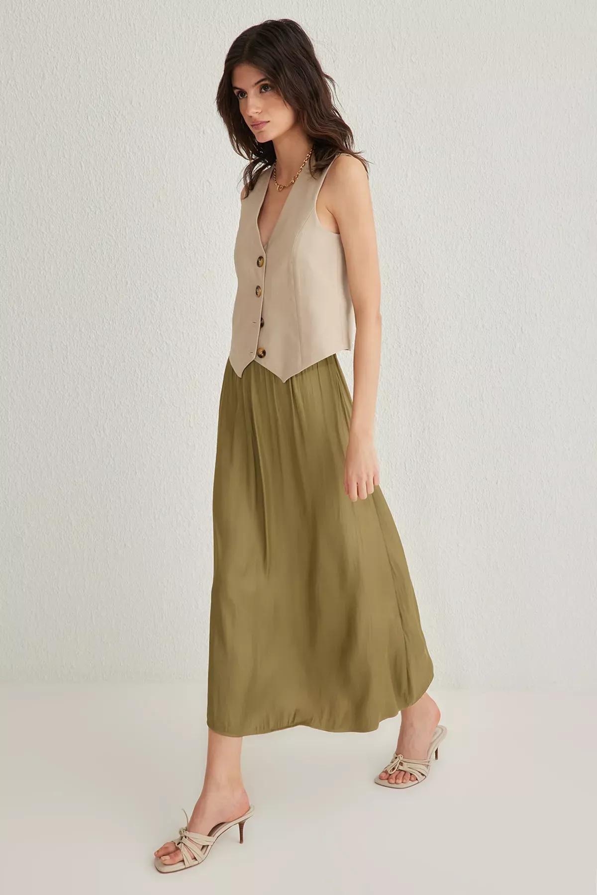 Green Satin A-line Midi Skirt, , large image number 1