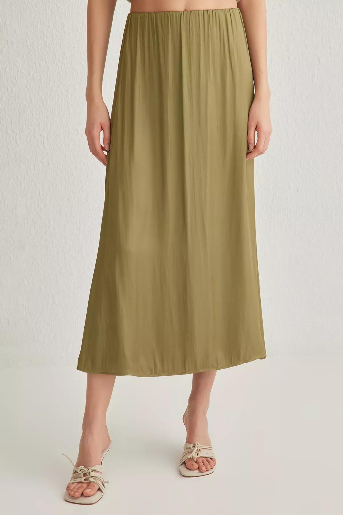Green Satin A-line Midi Skirt, , large image number 2