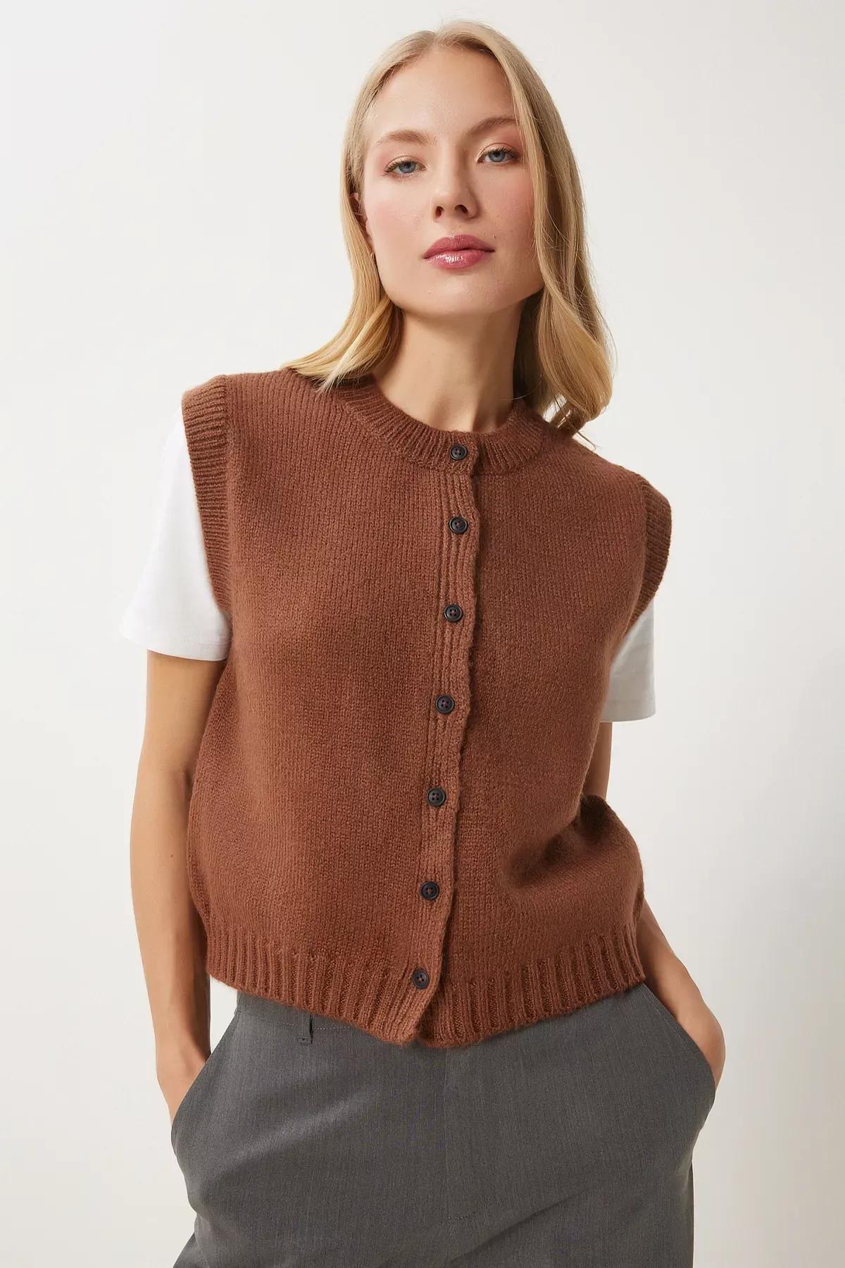 Brown Buttoned Knit Vest, Brown, large image number 2