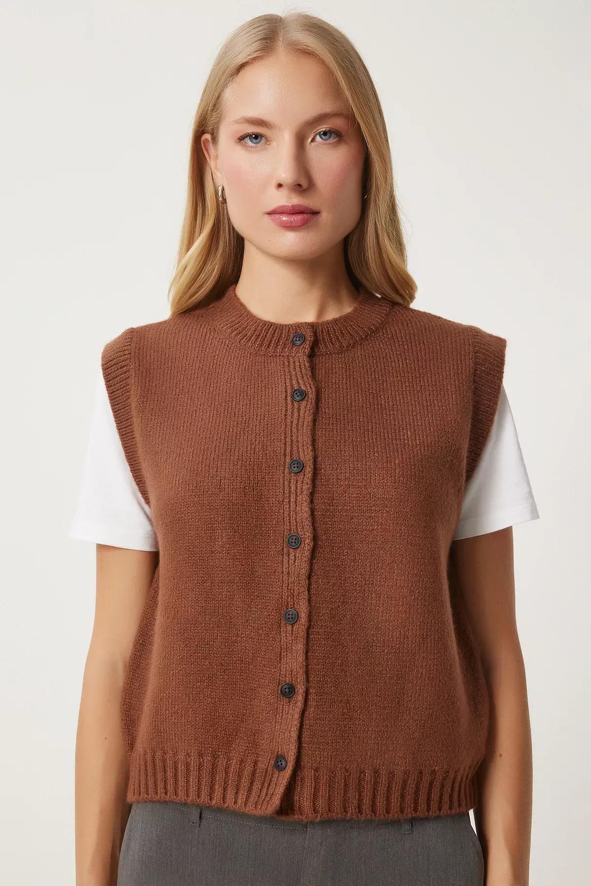 Brown Buttoned Knit Vest, Brown, large image number 3