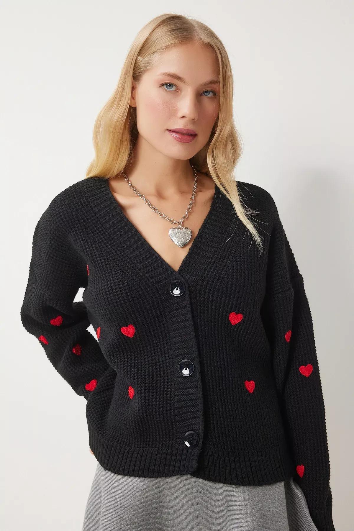 Black V-Neck Textured Knitted Cardigan, BLACK, large image number 0
