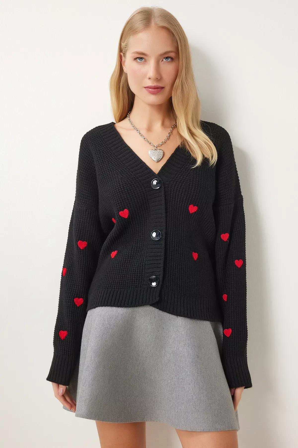 Black V-Neck Textured Knitted Cardigan, BLACK, large image number 1