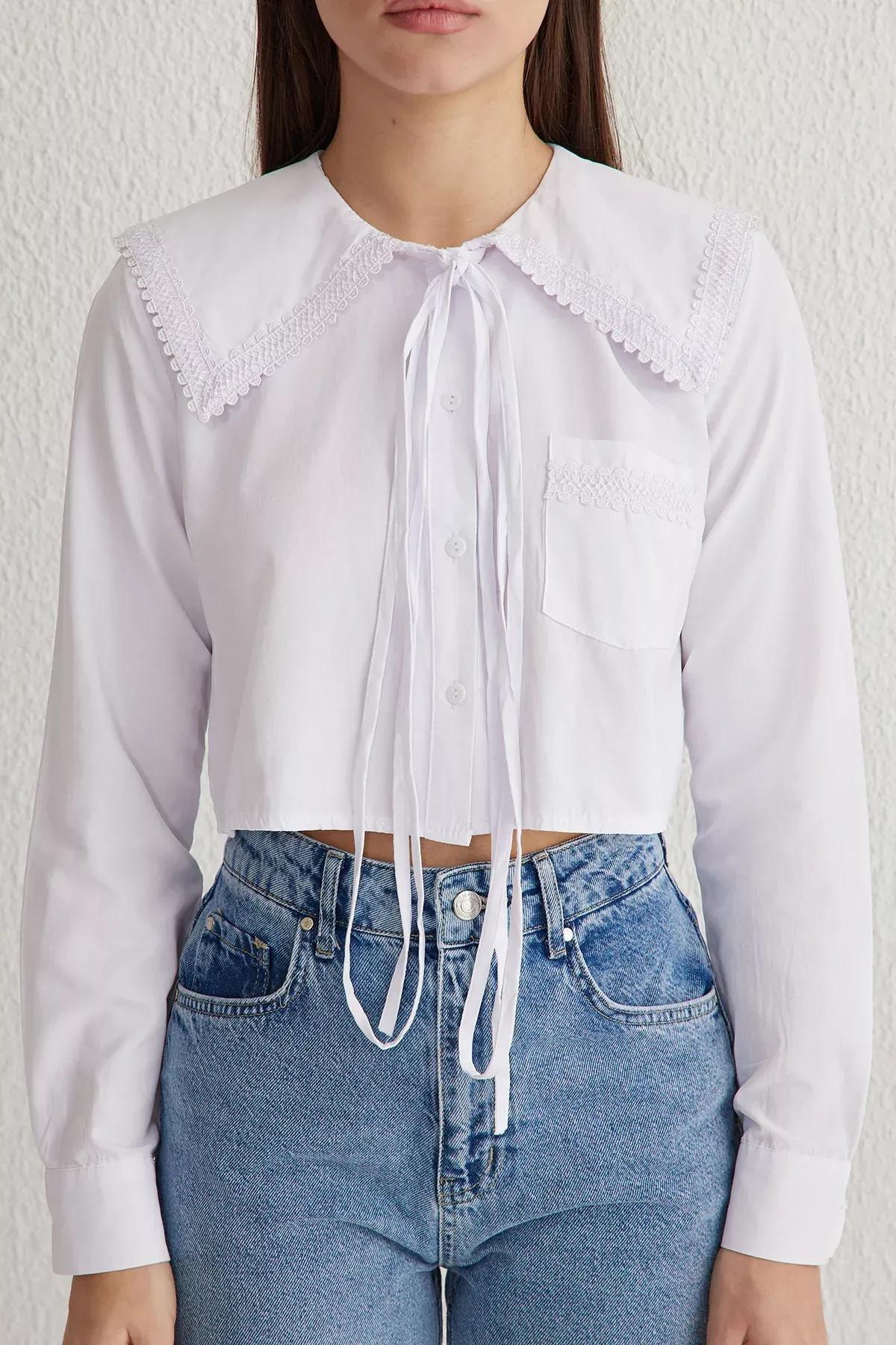 White Collar Lace Tie Crop Shirt, White, large image number 2