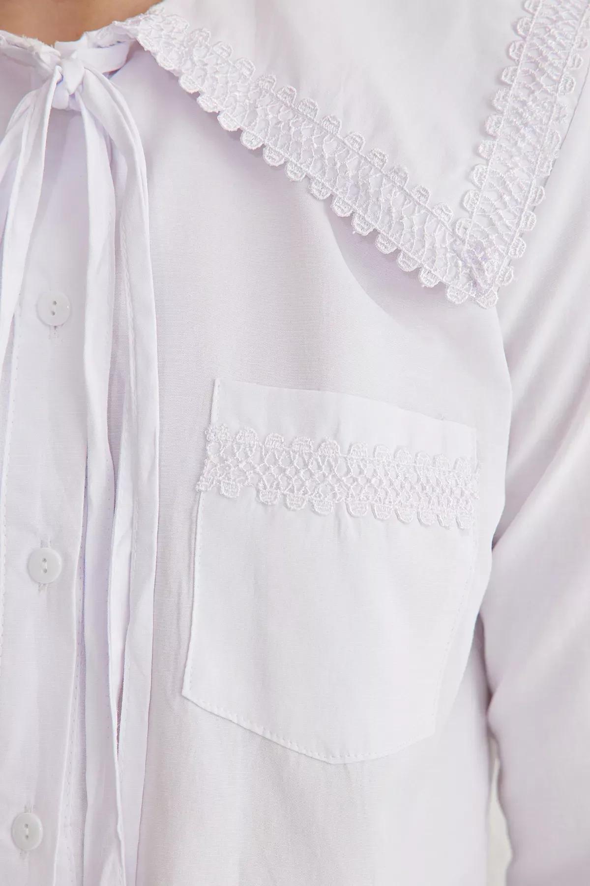 White Collar Lace Tie Crop Shirt, White, large image number 3