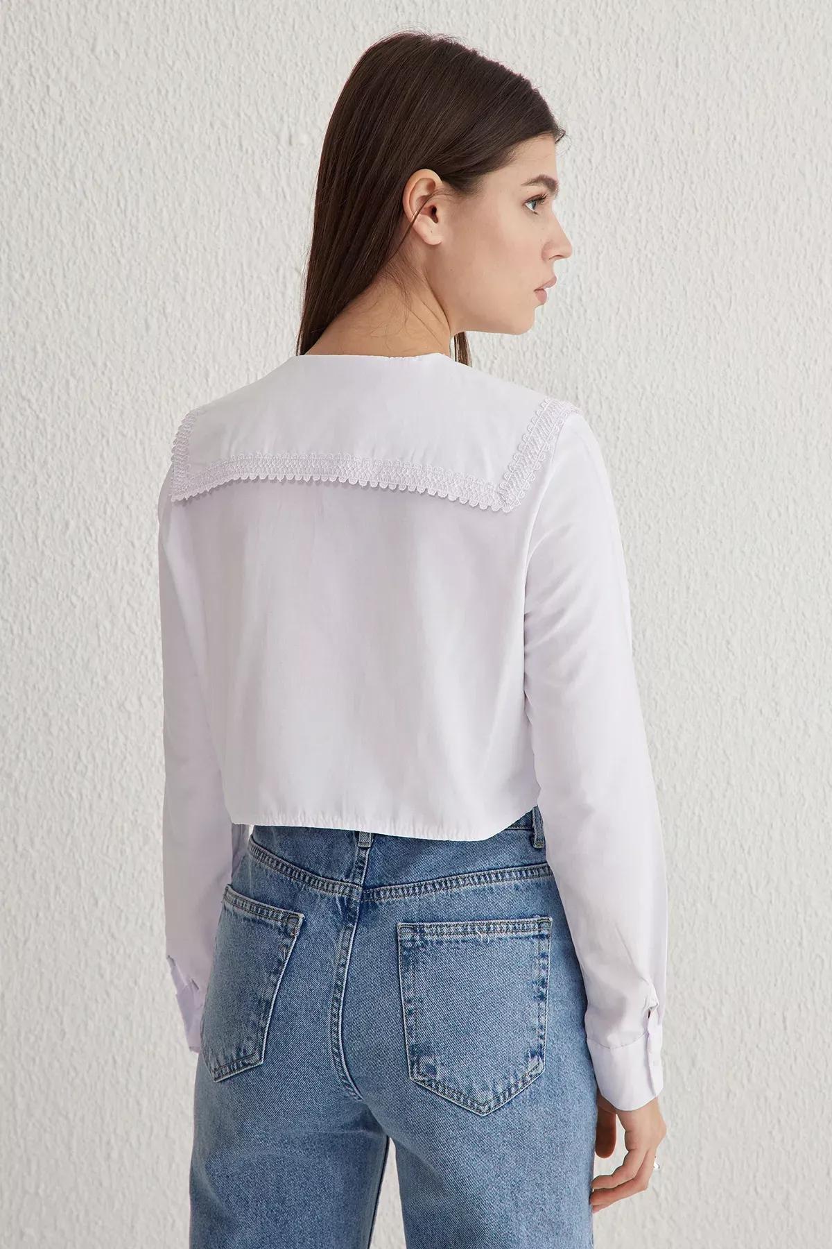 White Collar Lace Tie Crop Shirt, White, large image number 4