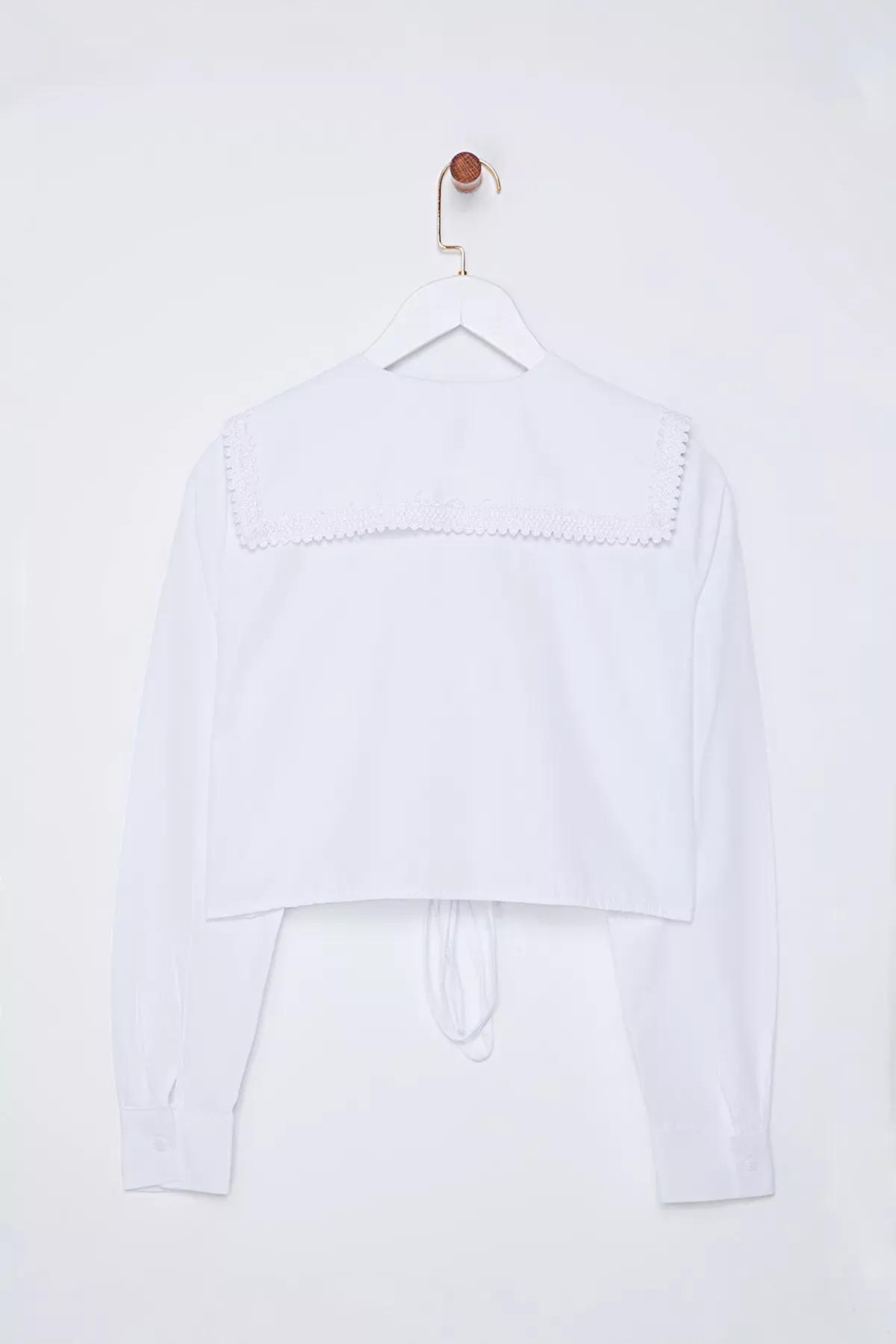 White Collar Lace Tie Crop Shirt, White, large image number 5