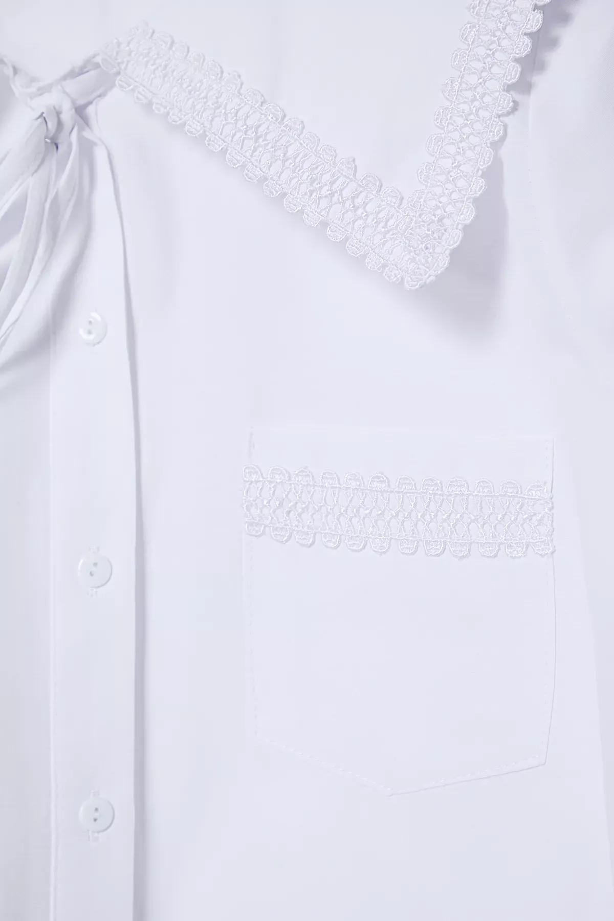 White Collar Lace Tie Crop Shirt, White, large image number 6
